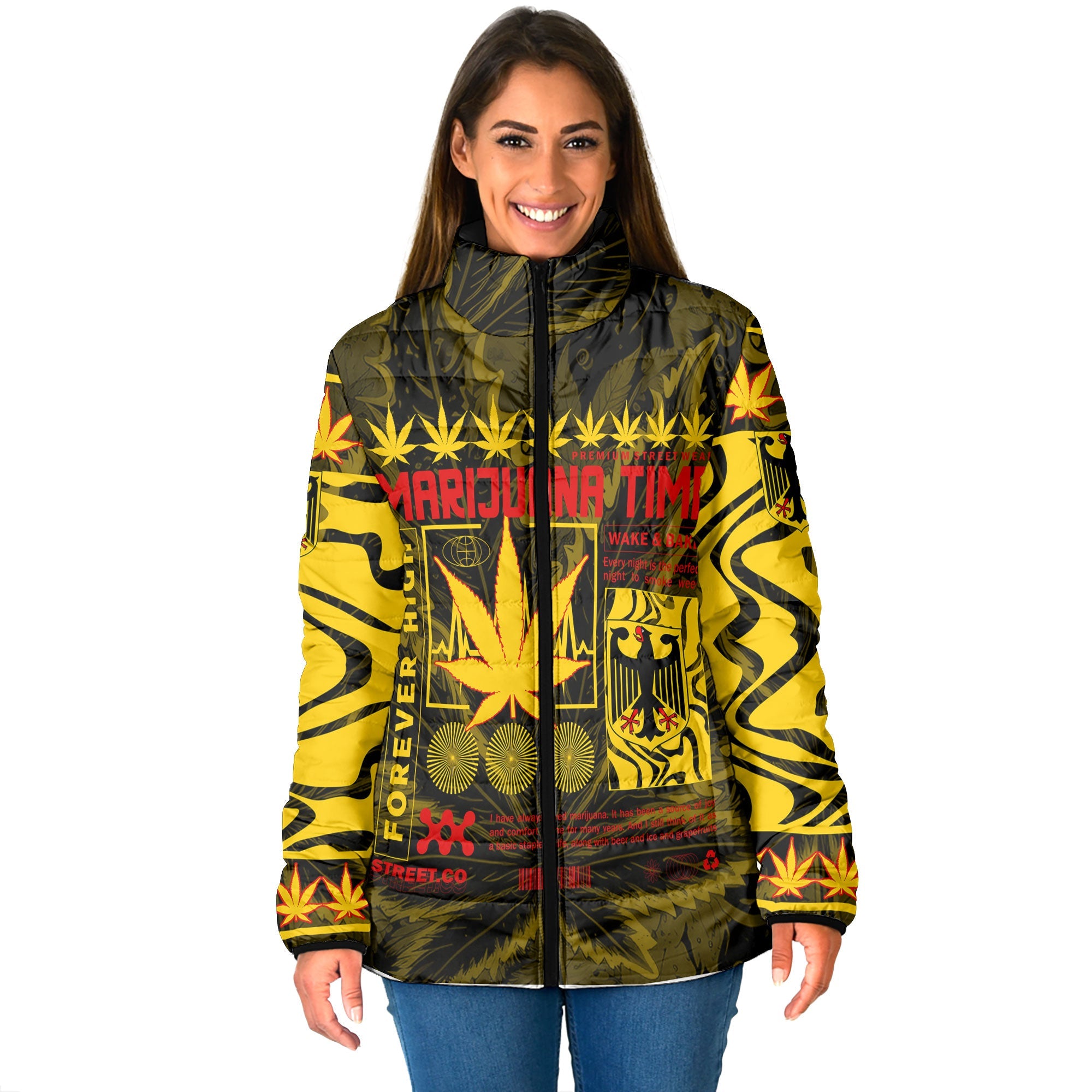 Germany Women Padded Jacket Flag & Coat Of Arms Marijuanas Style