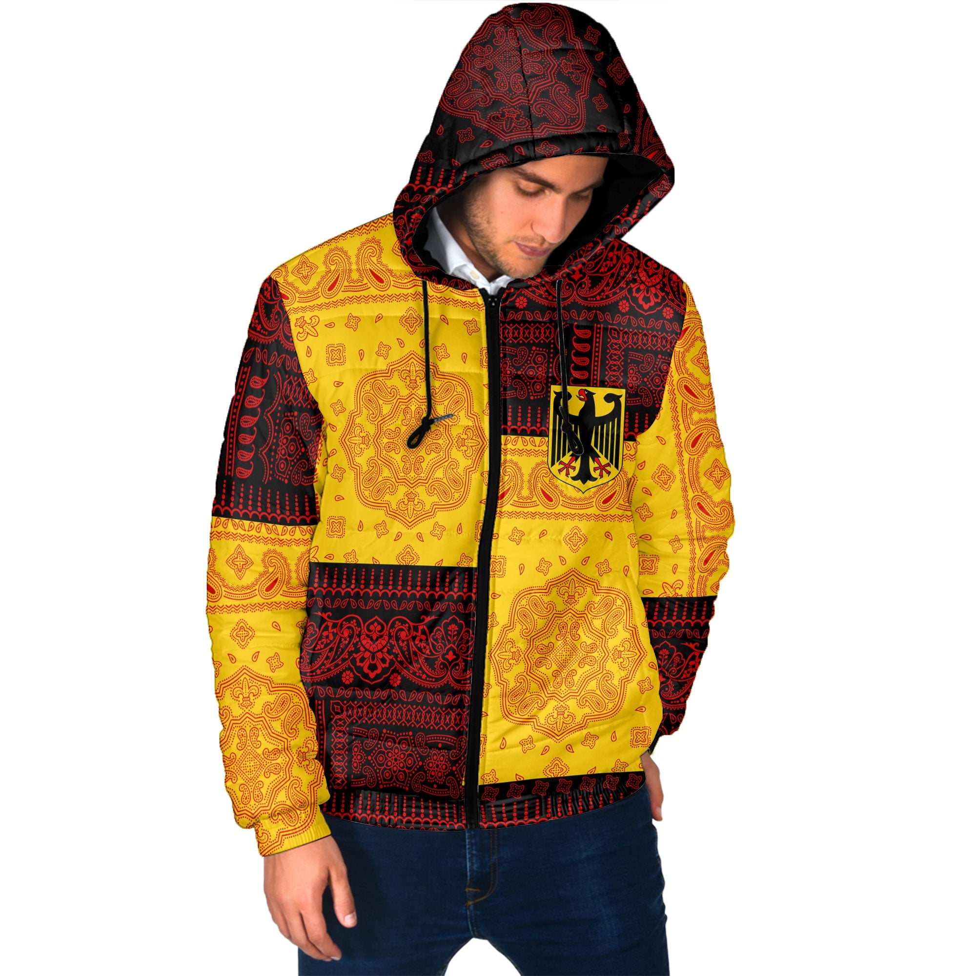 Germany Men Hooded Padded Jacket Flag And Paisley Basic Style 2