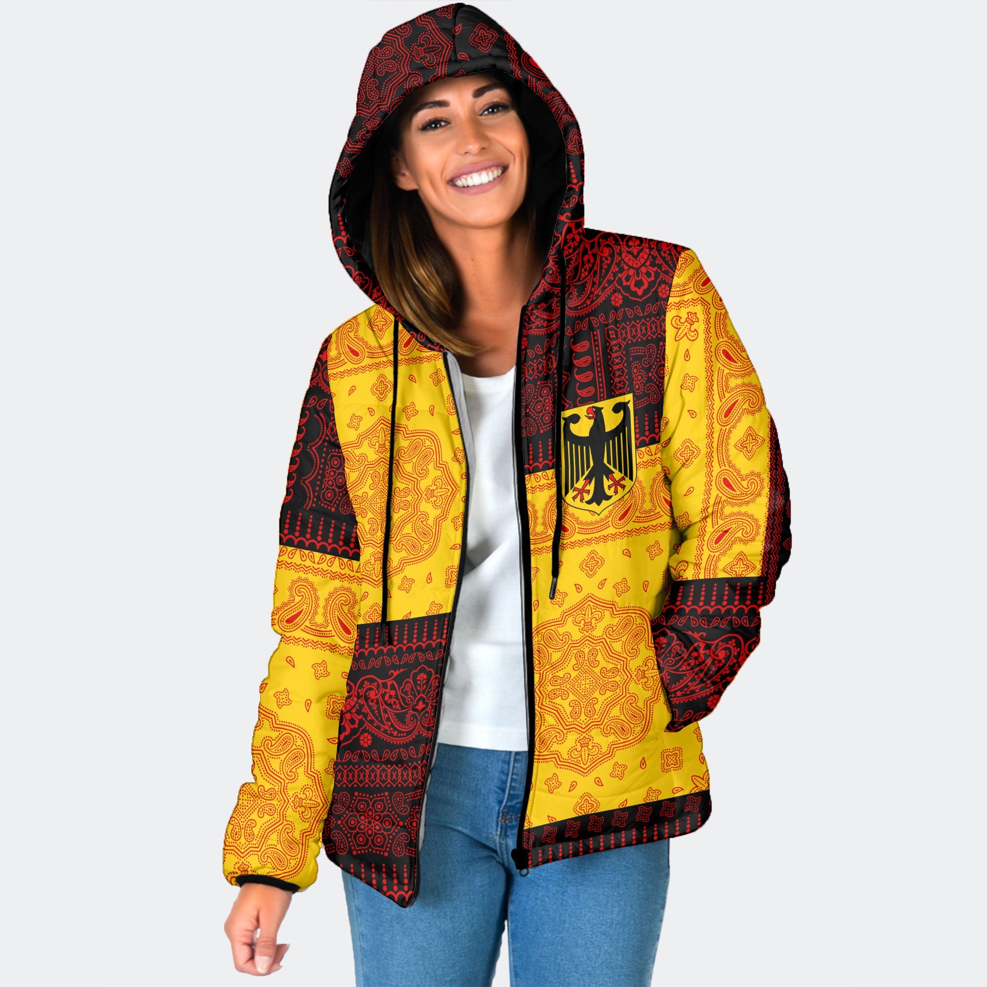 Germany Women Hooded Padded Jacket Flag And Paisley Basic Style 1