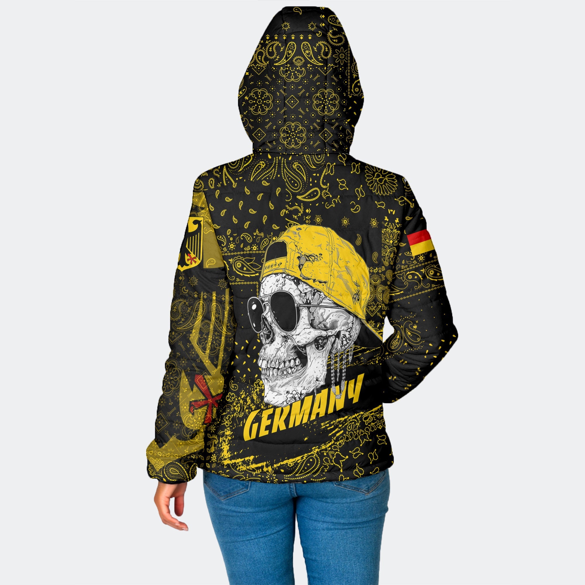 Germany Women Hooded Padded Jacket Paisley Flag And Skull Style 2