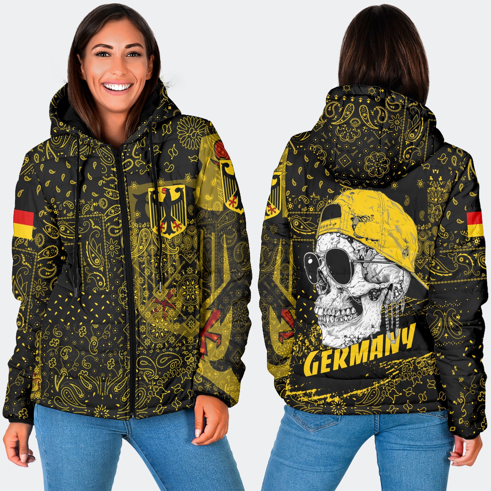 Germany Women Hooded Padded Jacket Paisley Flag And Skull Style 3