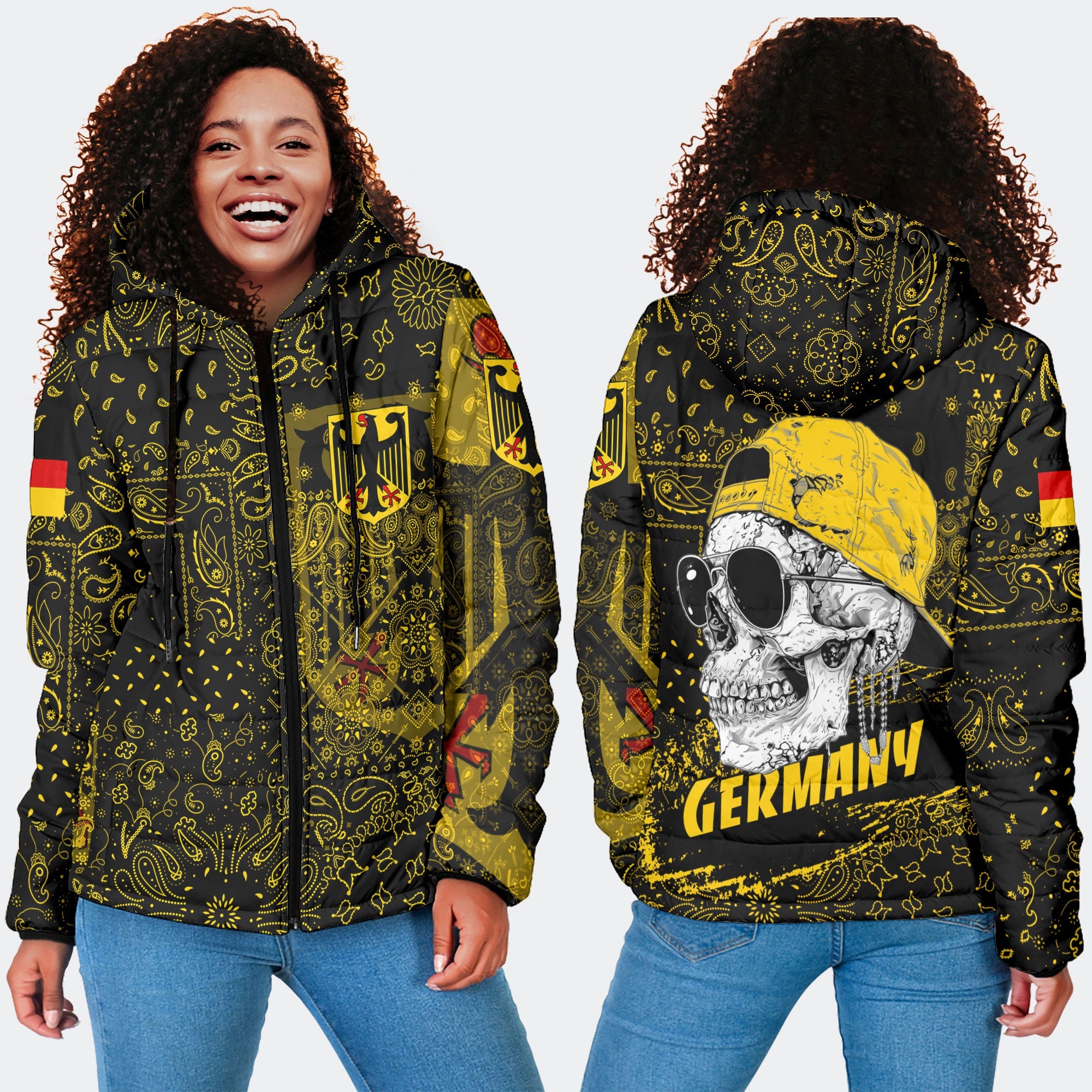 Germany Women Hooded Padded Jacket Paisley Flag And Skull Style 4