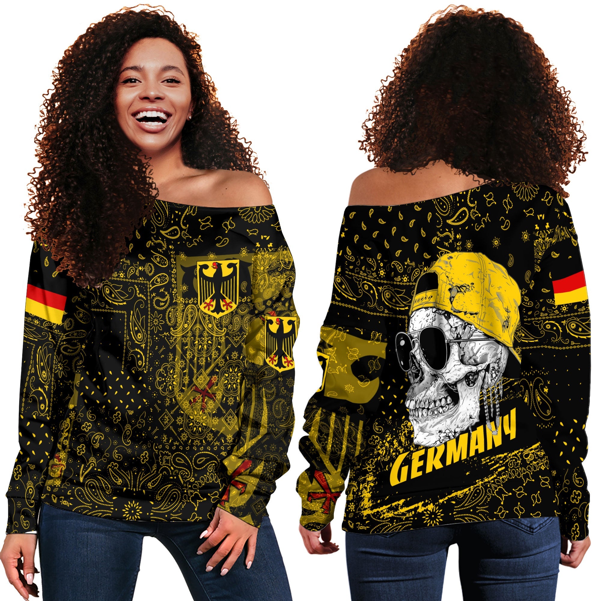 Germany Women Off Shoulder Sweatshirt Paisley Flag And Skull Style 1