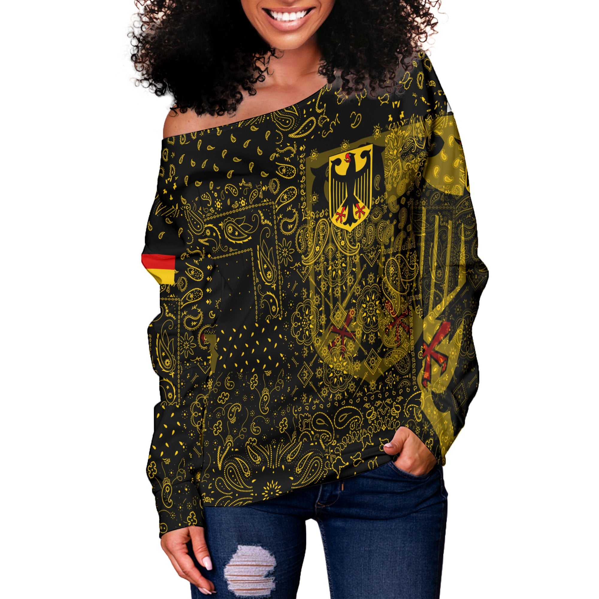 Germany Women Off Shoulder Sweatshirt Paisley Flag And Skull Style 2