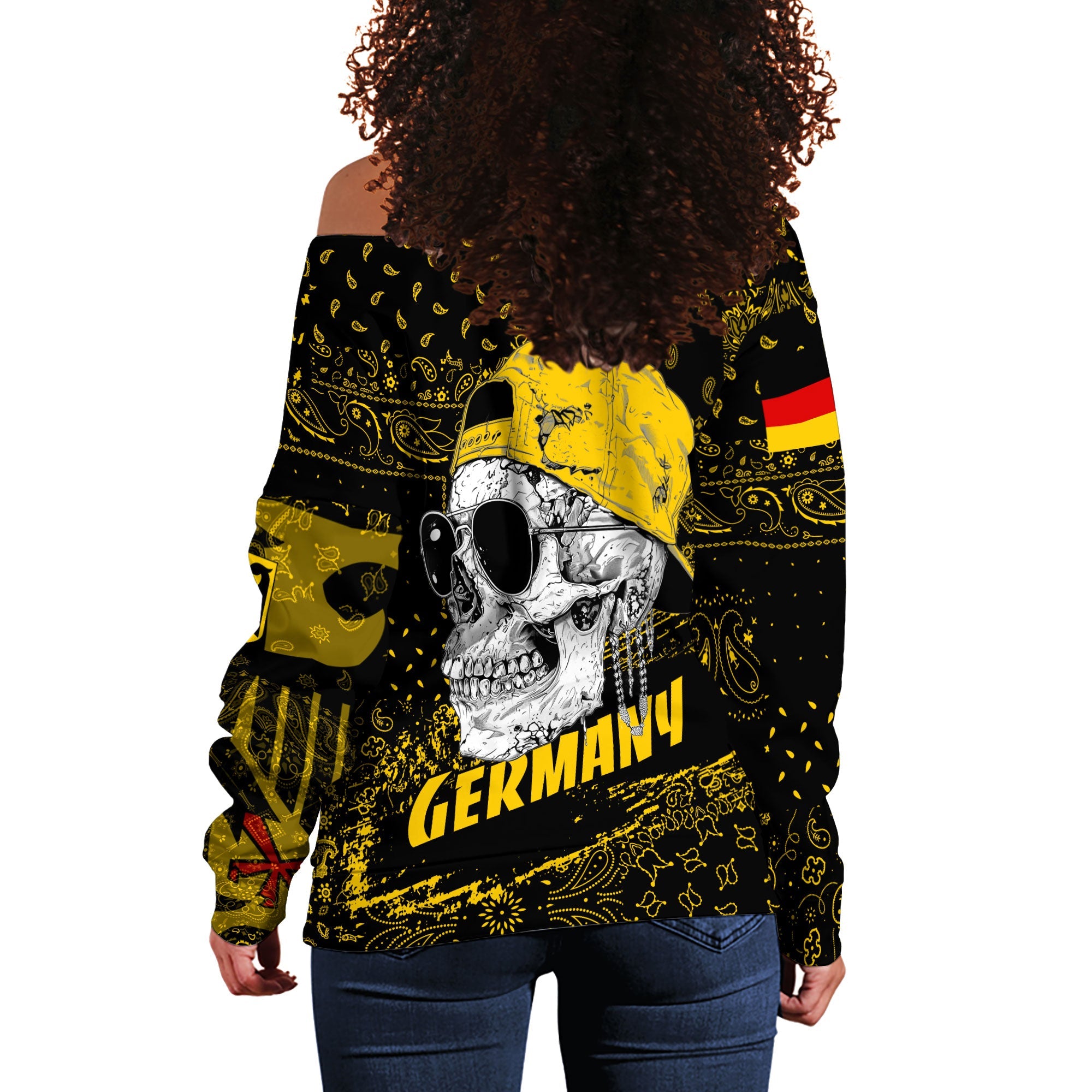 Germany Women Off Shoulder Sweatshirt Paisley Flag And Skull Style 3