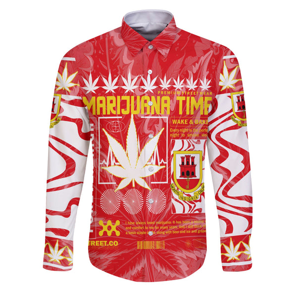 Gibraltar Long Sleeve Button Shirt Flag & Coat Of Arms Marijuanas Style