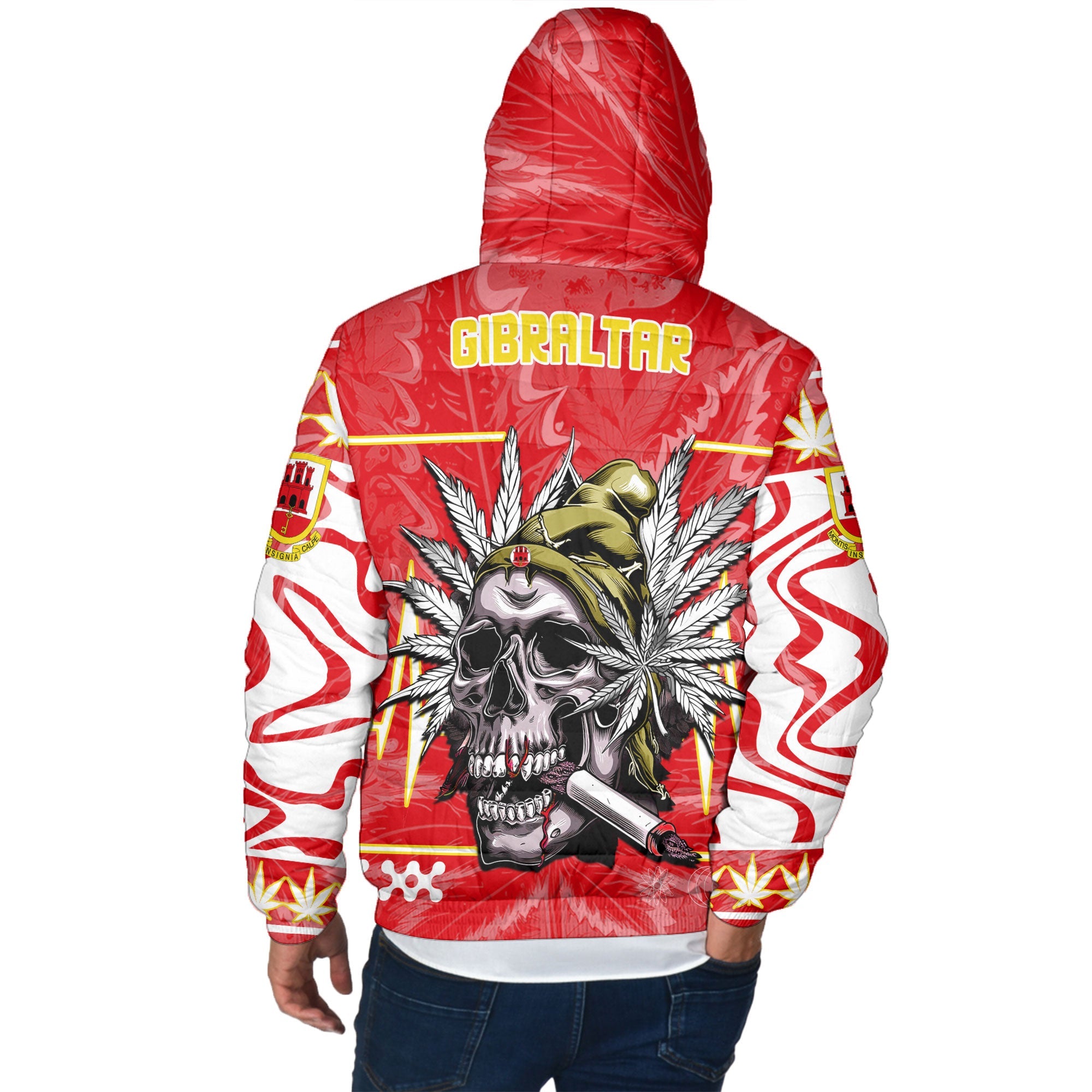 Gibraltar Men Hooded Padded Jacket Flag & Coat Of Arms Marijuanas Style