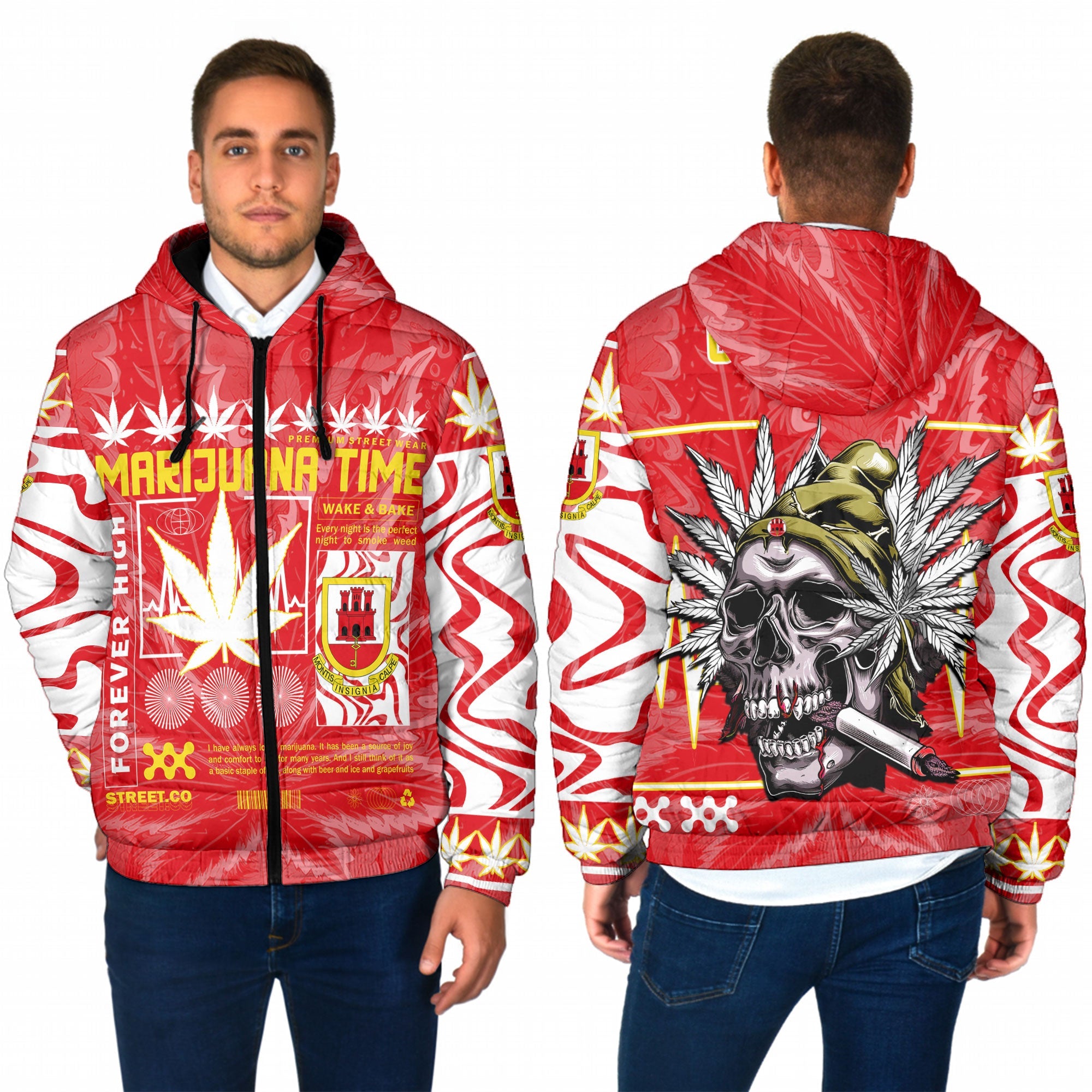 Gibraltar Men Hooded Padded Jacket Flag & Coat Of Arms Marijuanas Style