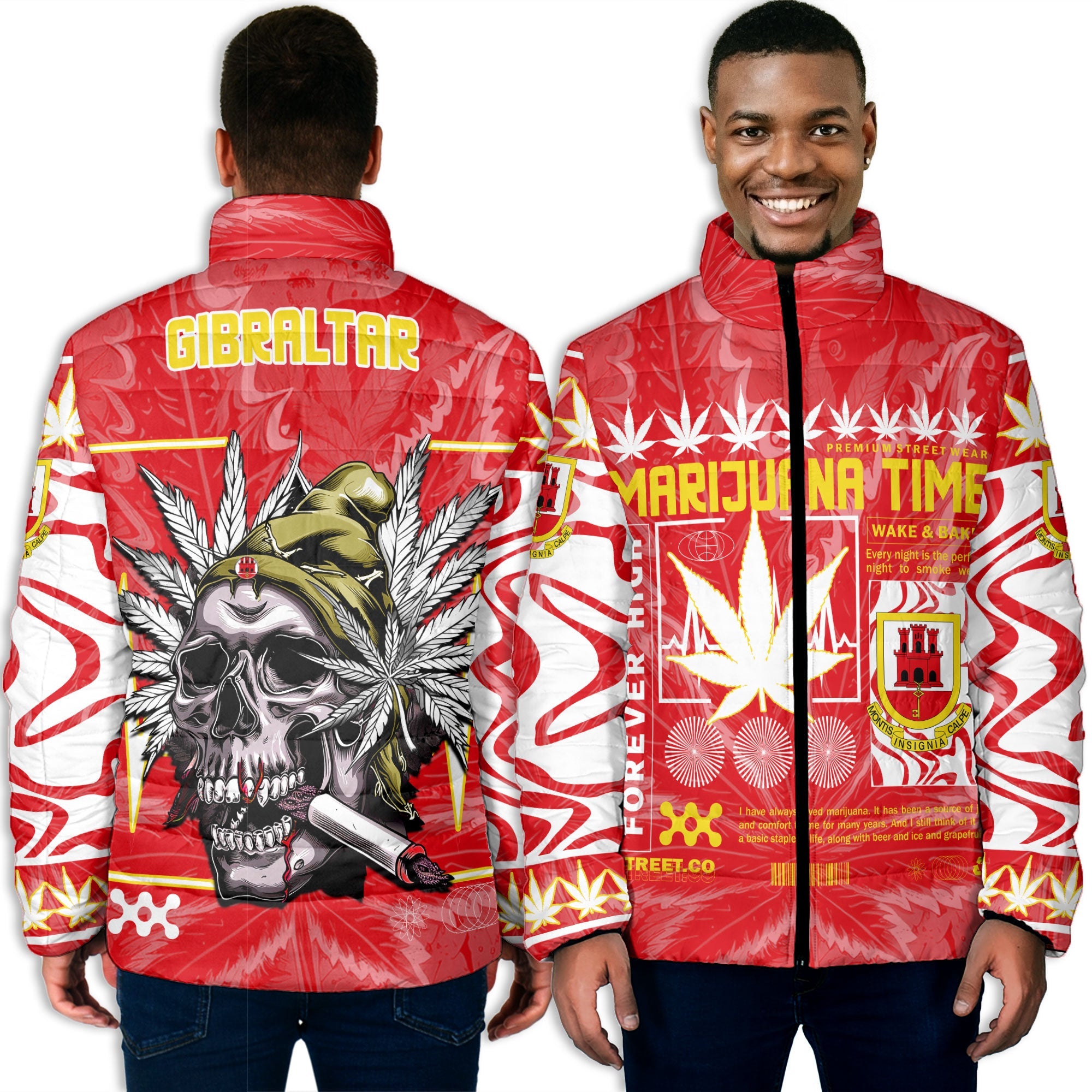 Gibraltar Men Padded Jacket Flag & Coat Of Arms Marijuanas Style