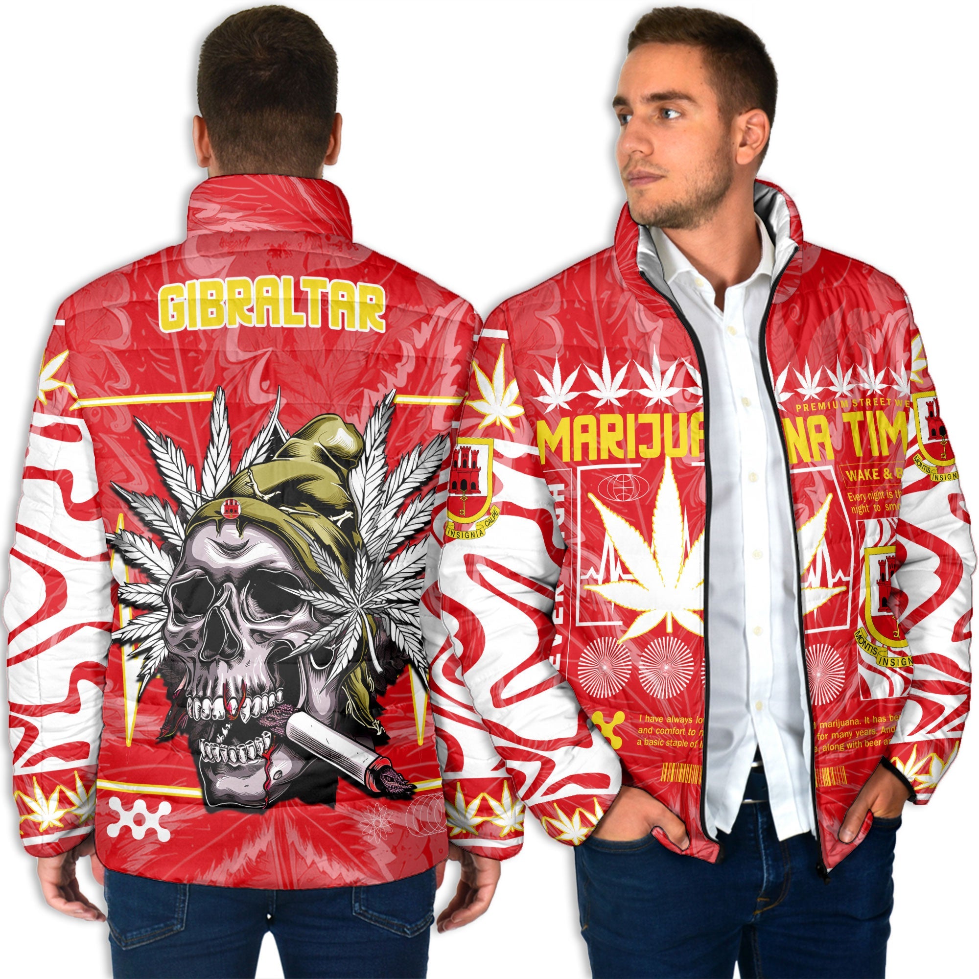 Gibraltar Men Padded Jacket Flag & Coat Of Arms Marijuanas Style