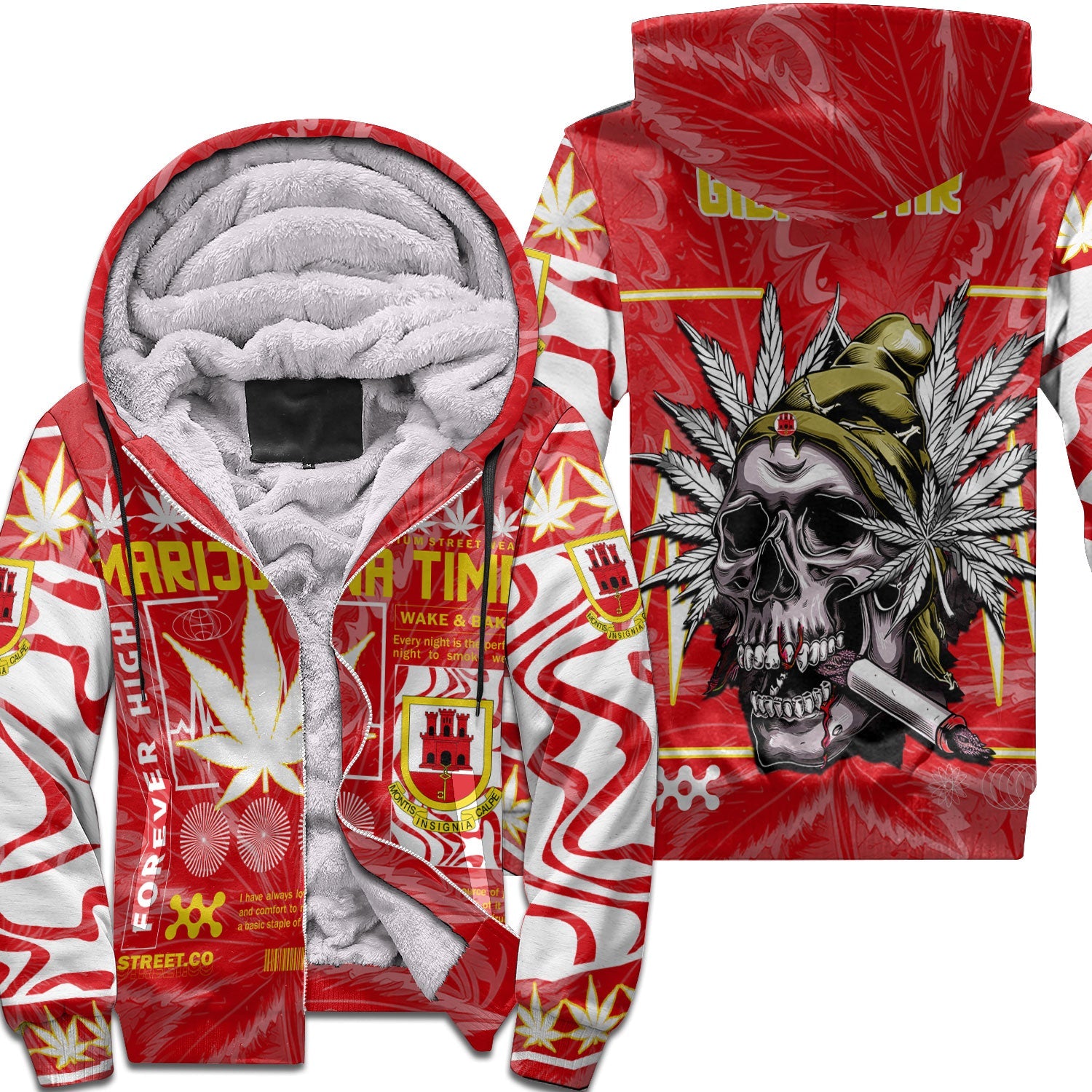 Gibraltar Sherpa Hoodie Flag & Coat Of Arms Marijuanas Style