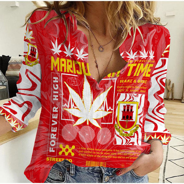 Gibraltar Women Casual Shirt Flag & Coat Of Arms Marijuanas Style