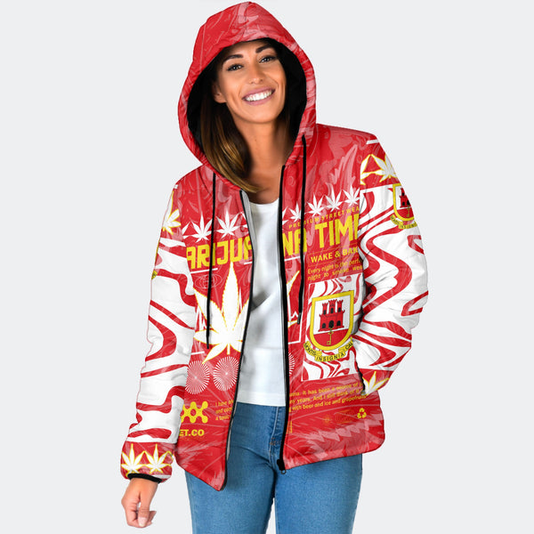 Gibraltar Women Hooded Padded Jacket Flag & Coat Of Arms Marijuanas Style