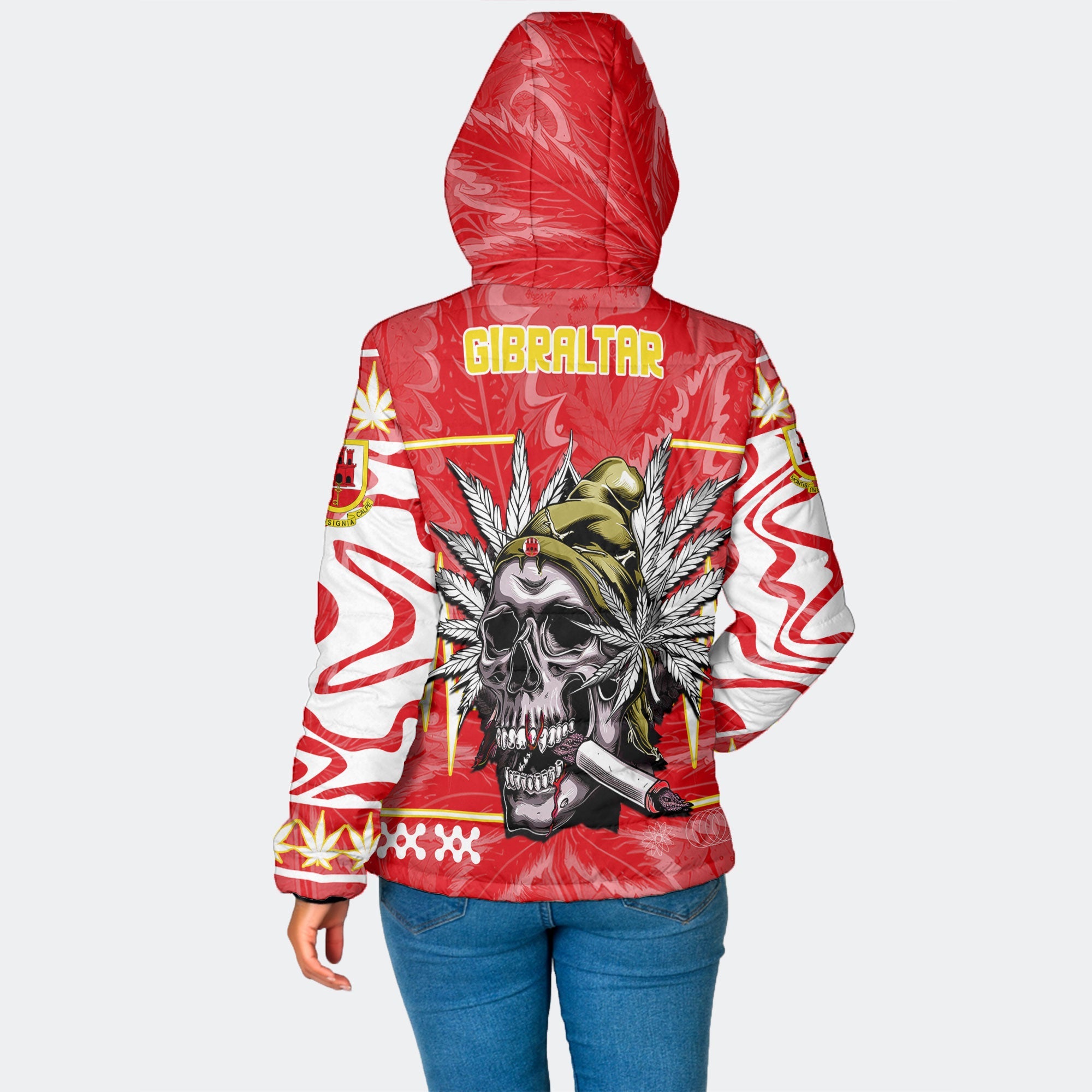 Gibraltar Women Hooded Padded Jacket Flag & Coat Of Arms Marijuanas Style