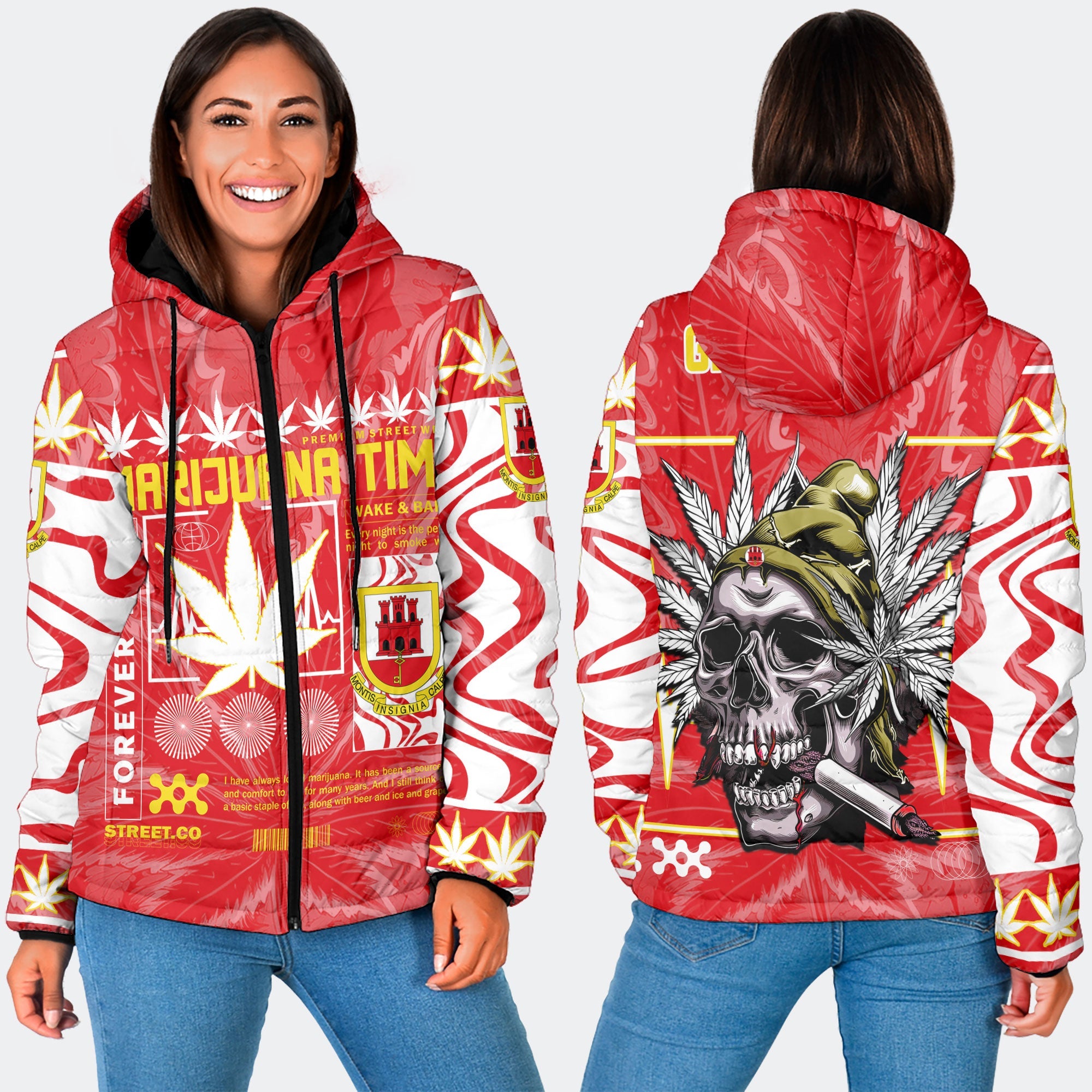 Gibraltar Women Hooded Padded Jacket Flag & Coat Of Arms Marijuanas Style