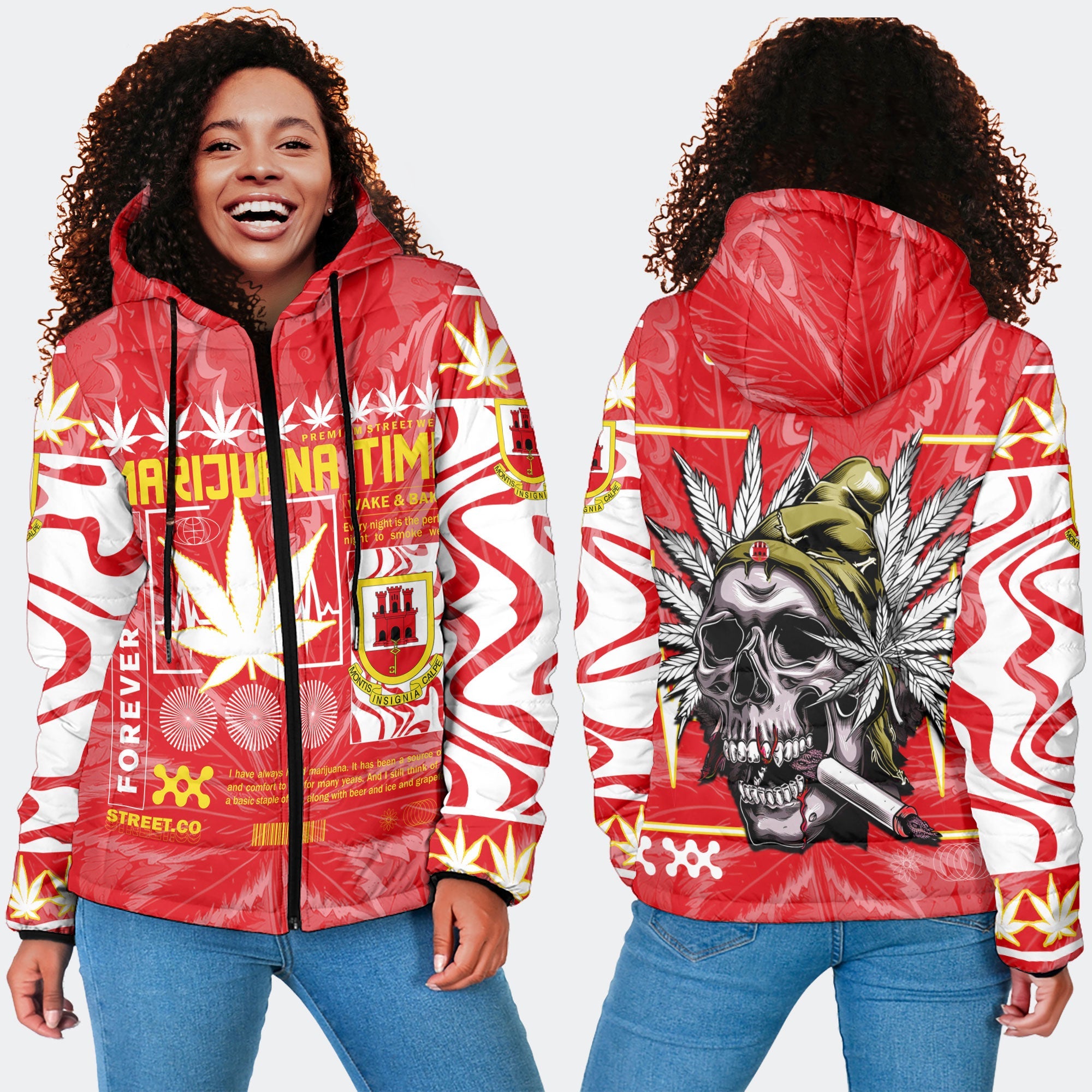 Gibraltar Women Hooded Padded Jacket Flag & Coat Of Arms Marijuanas Style