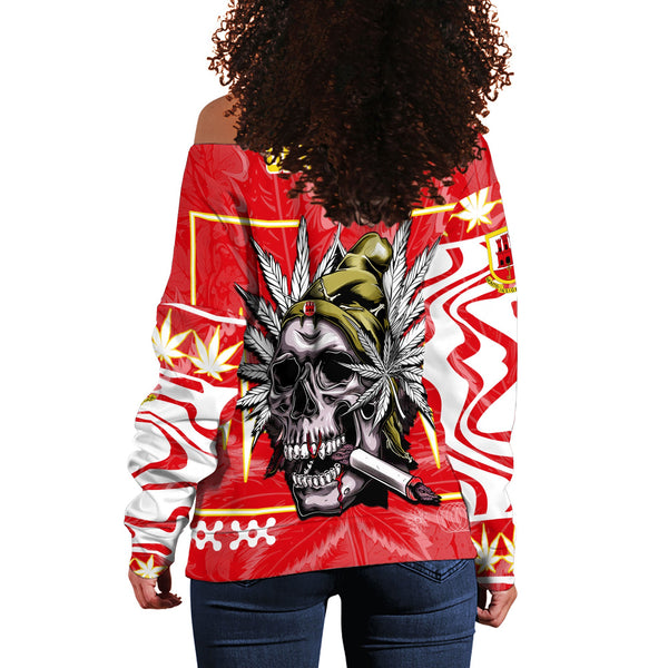 Gibraltar Women Off Shoulder Sweatshirt Flag & Coat Of Arms Marijuanas Style