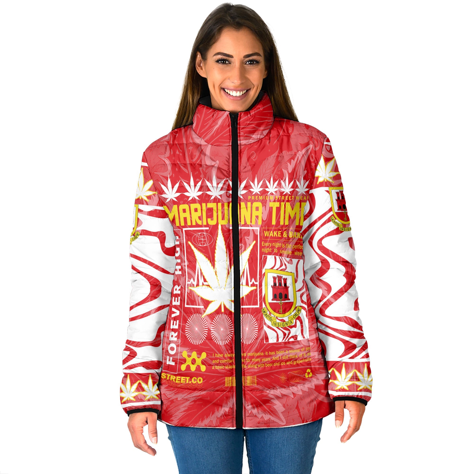 Gibraltar Women Padded Jacket Flag & Coat Of Arms Marijuanas Style