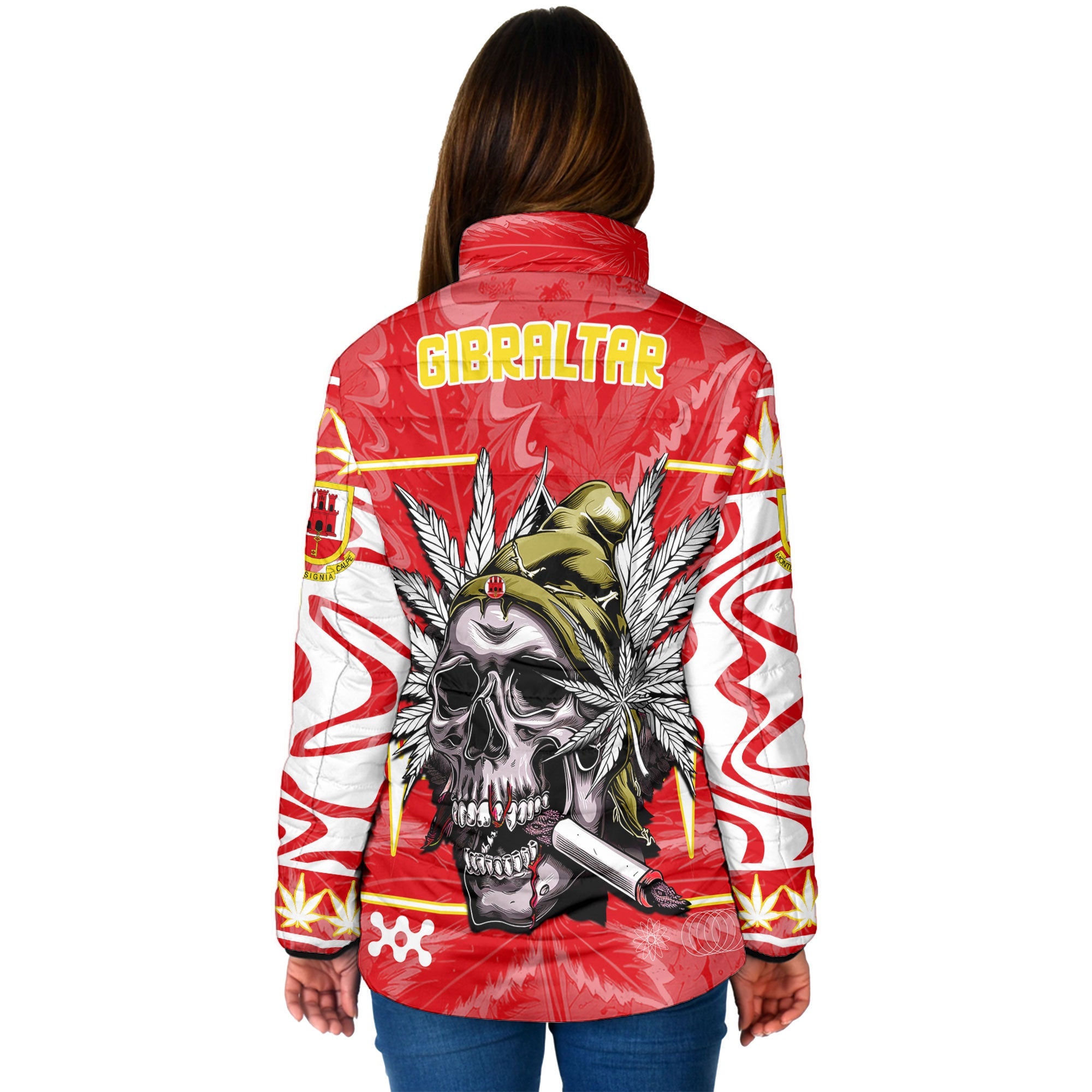 Gibraltar Women Padded Jacket Flag & Coat Of Arms Marijuanas Style