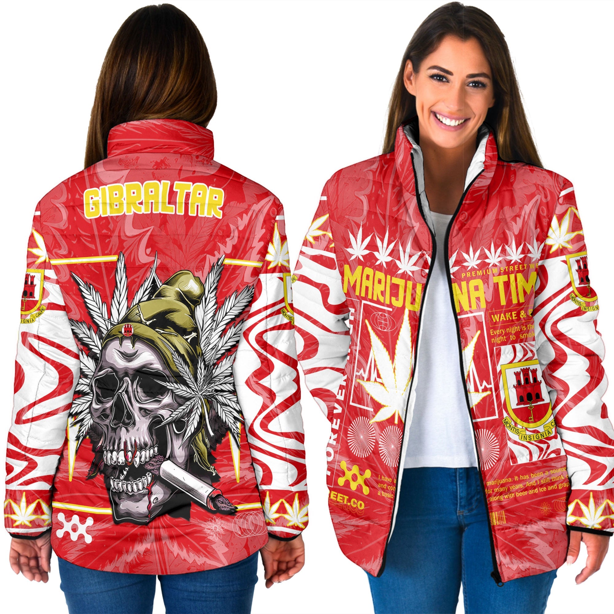 Gibraltar Women Padded Jacket Flag & Coat Of Arms Marijuanas Style