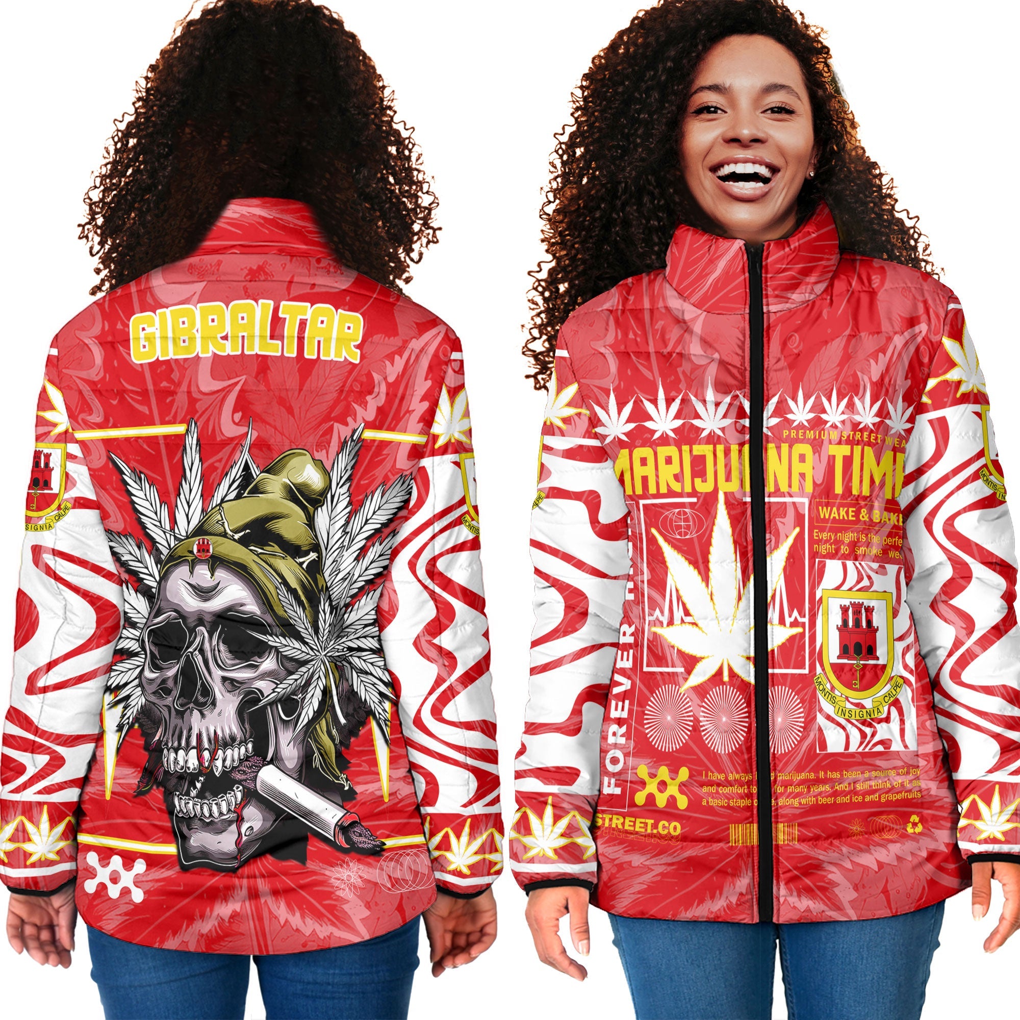 Gibraltar Women Padded Jacket Flag & Coat Of Arms Marijuanas Style