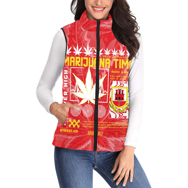 Gibraltar Women Padded Jacket Vest Flag & Coat Of Arms Marijuanas Style