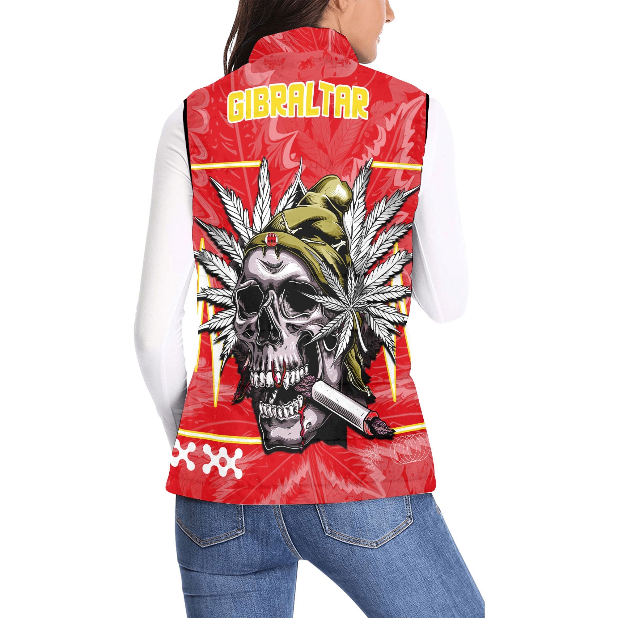 Gibraltar Women Padded Jacket Vest Flag & Coat Of Arms Marijuanas Style