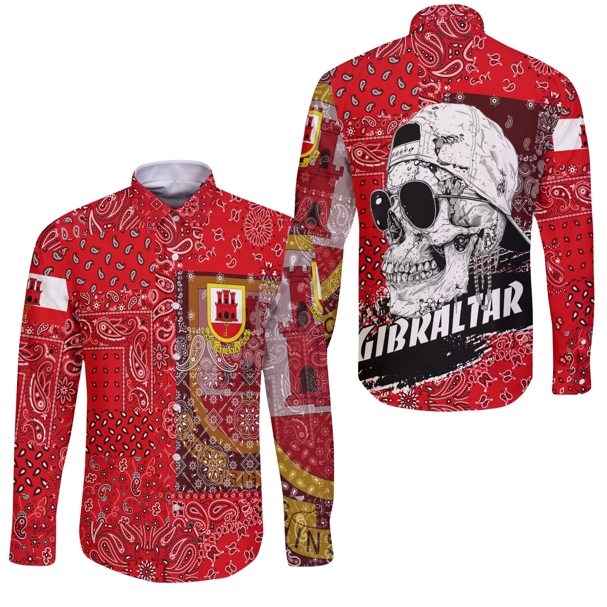 Gibraltar Long Sleeve Button Shirt Paisley Flag And Skull Style 3