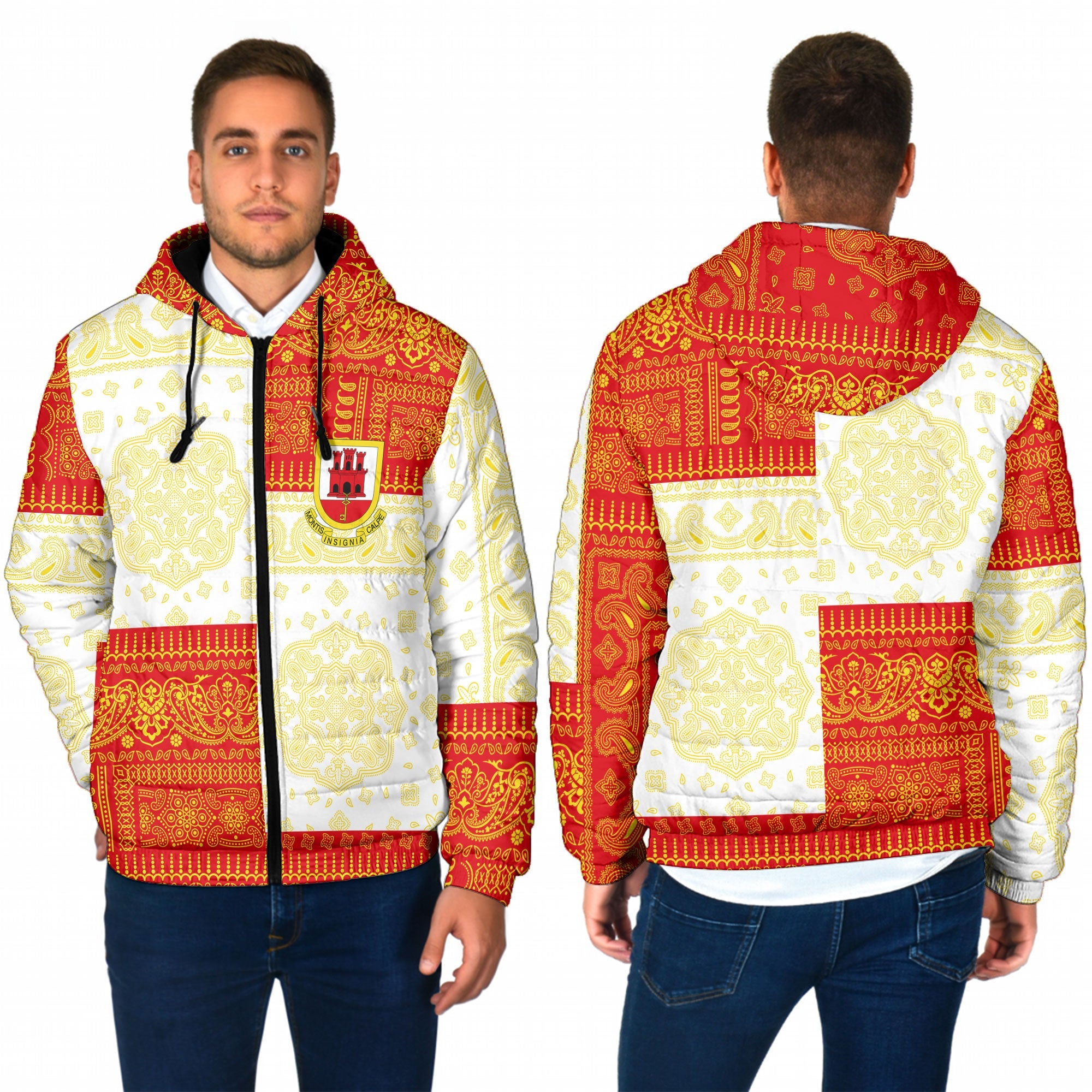 Gibraltar Men Hooded Padded Jacket Flag And Paisley Basic Style 1