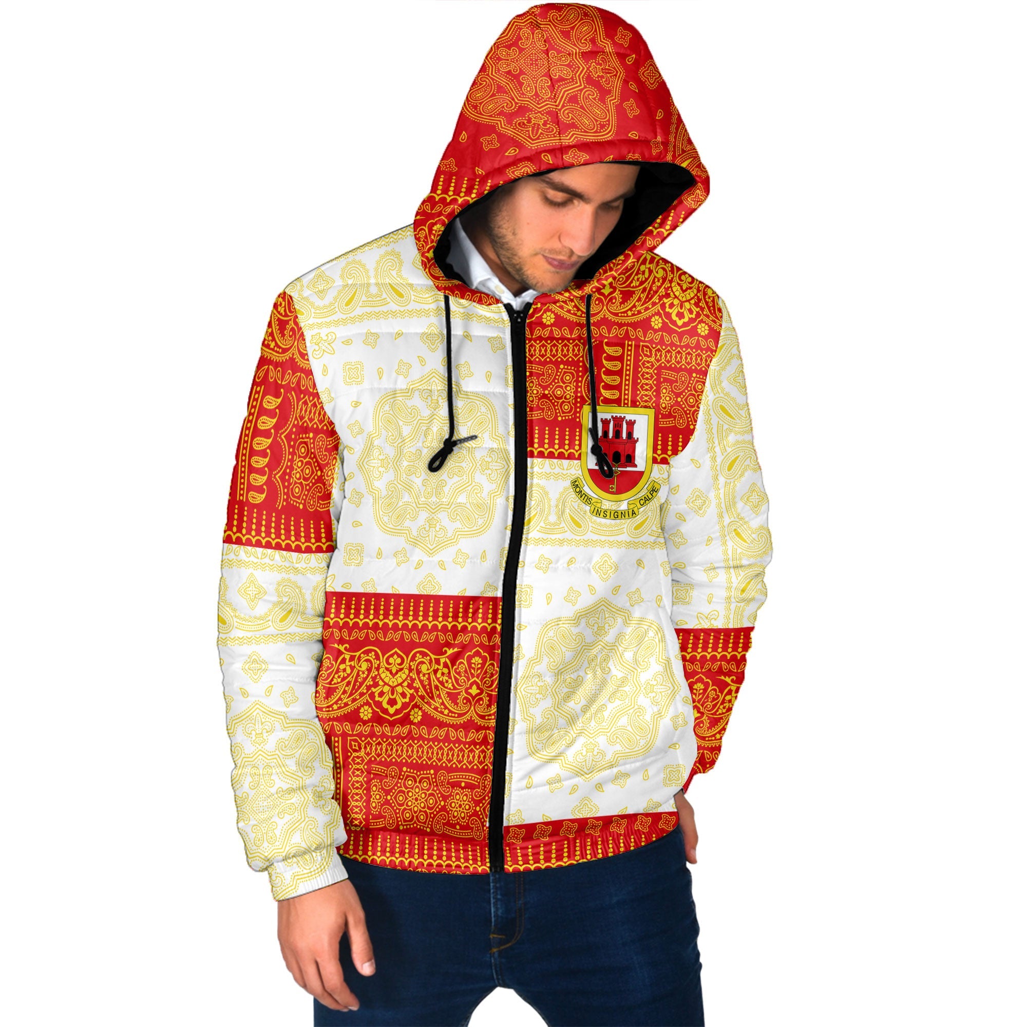 Gibraltar Men Hooded Padded Jacket Flag And Paisley Basic Style 2