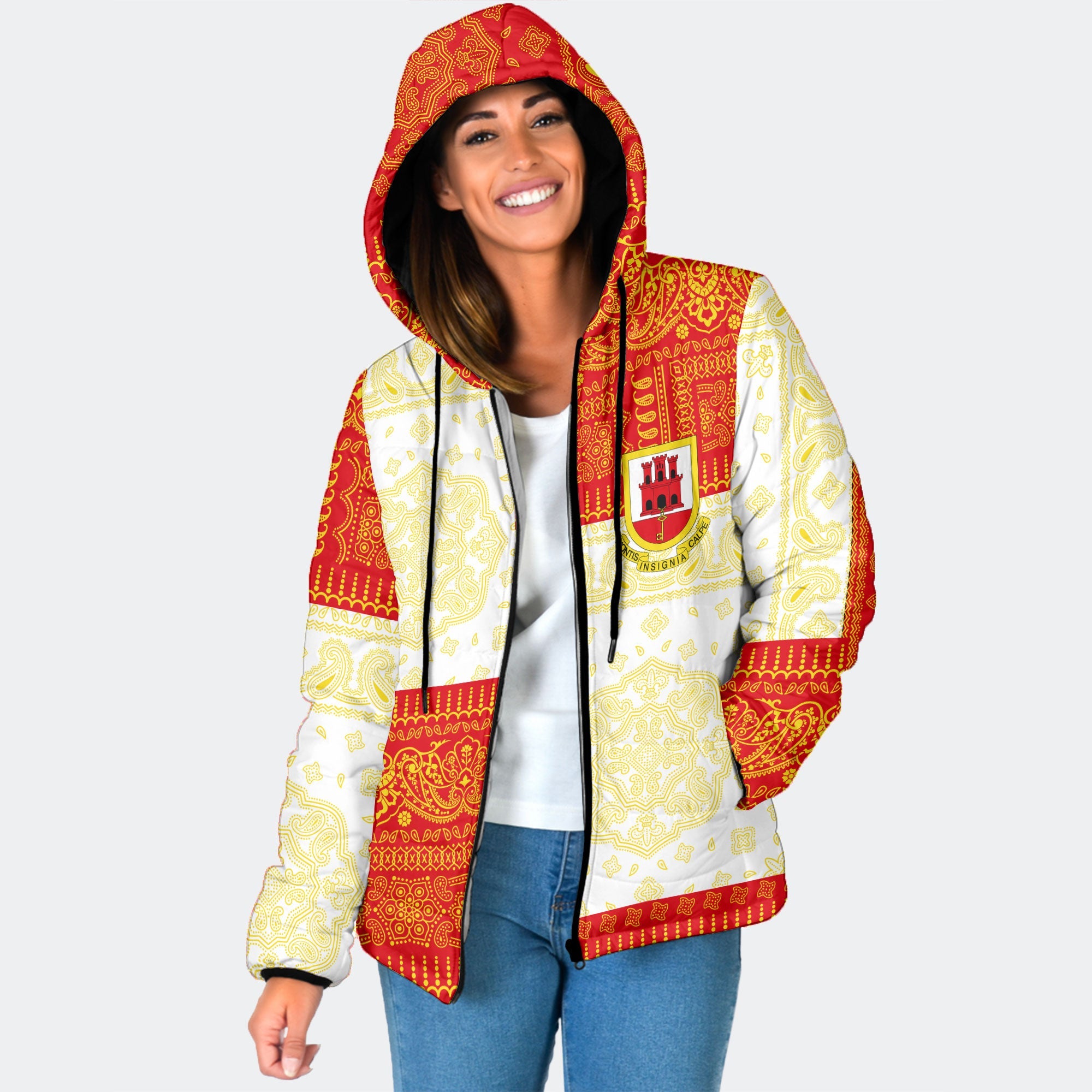 Gibraltar Women Hooded Padded Jacket Flag And Paisley Basic Style 1