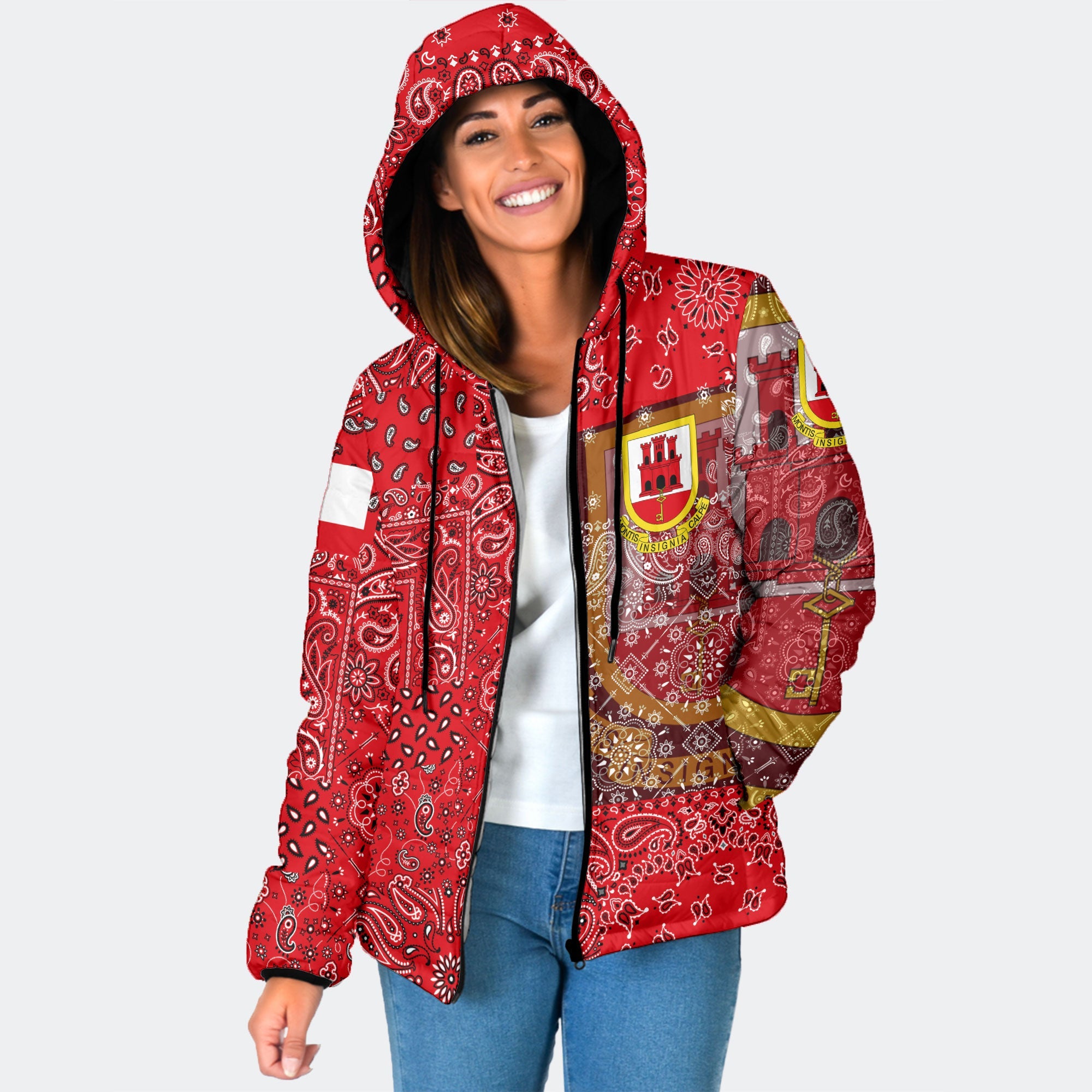 Gibraltar Women Hooded Padded Jacket Paisley Flag And Skull Style 1