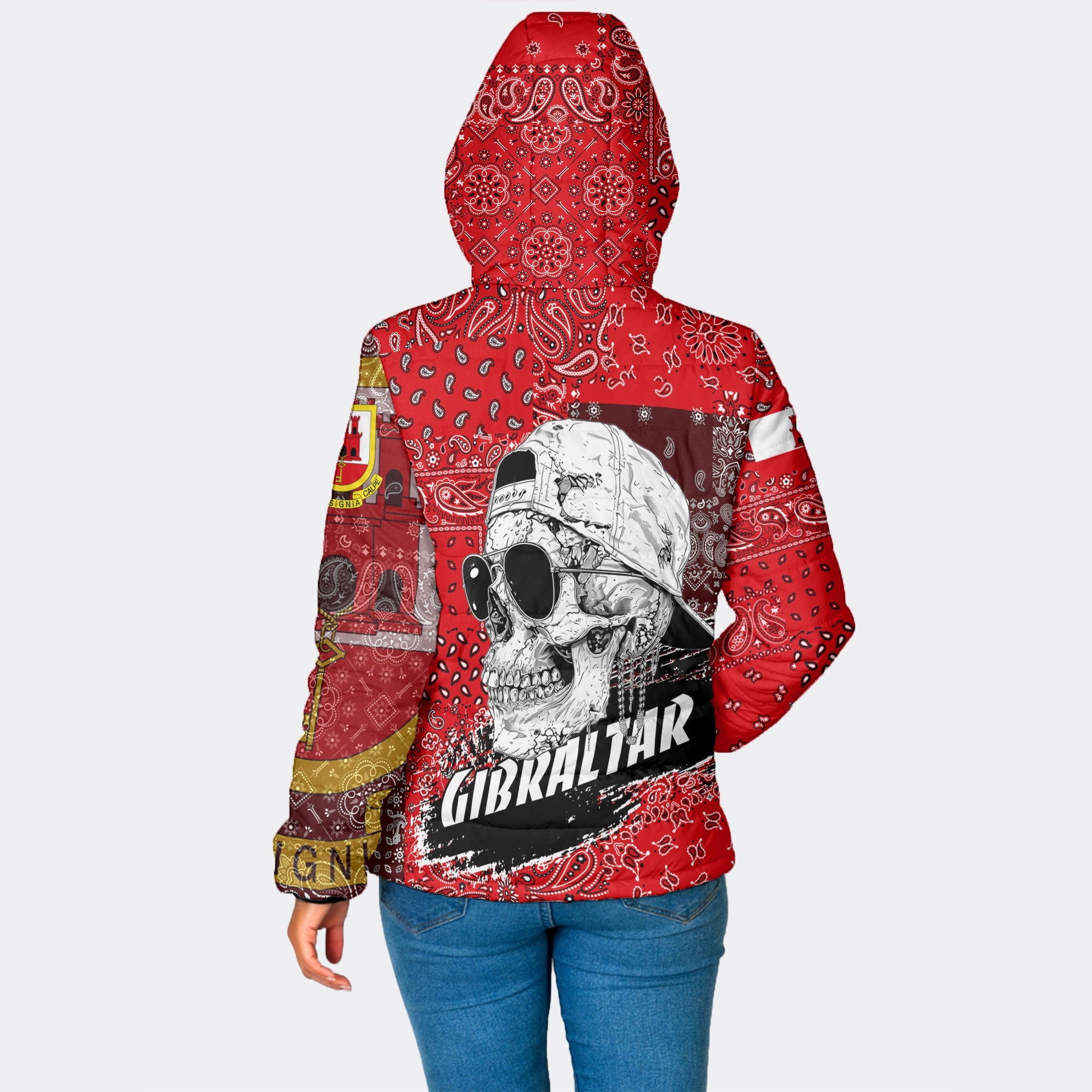 Gibraltar Women Hooded Padded Jacket Paisley Flag And Skull Style 2