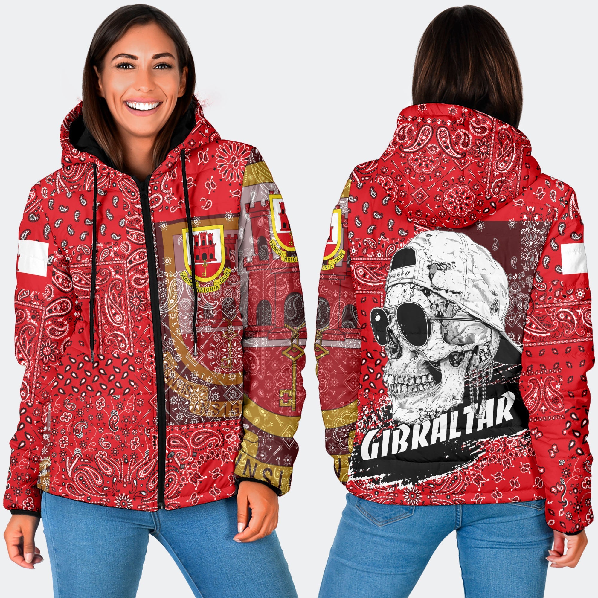 Gibraltar Women Hooded Padded Jacket Paisley Flag And Skull Style 3