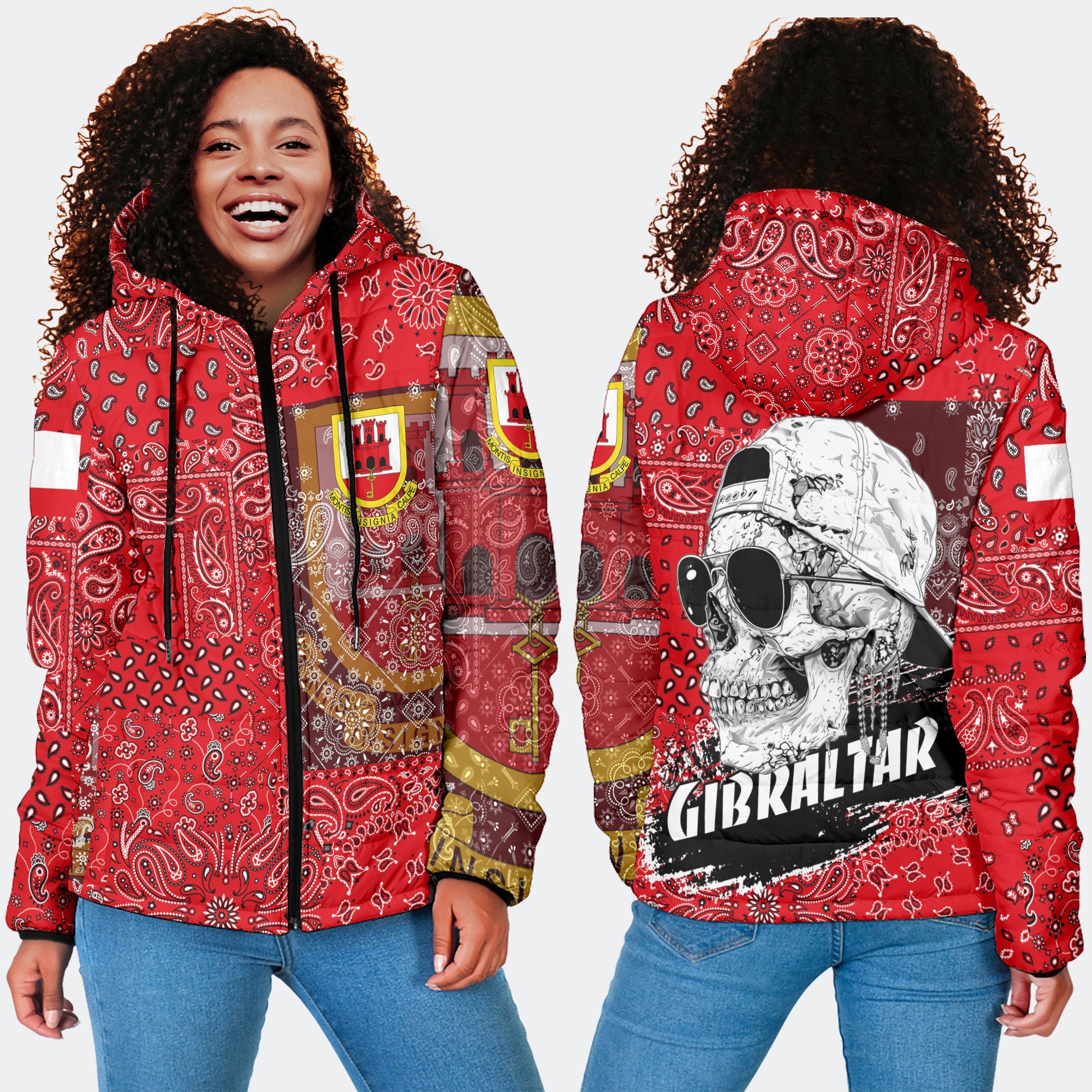 Gibraltar Women Hooded Padded Jacket Paisley Flag And Skull Style 4