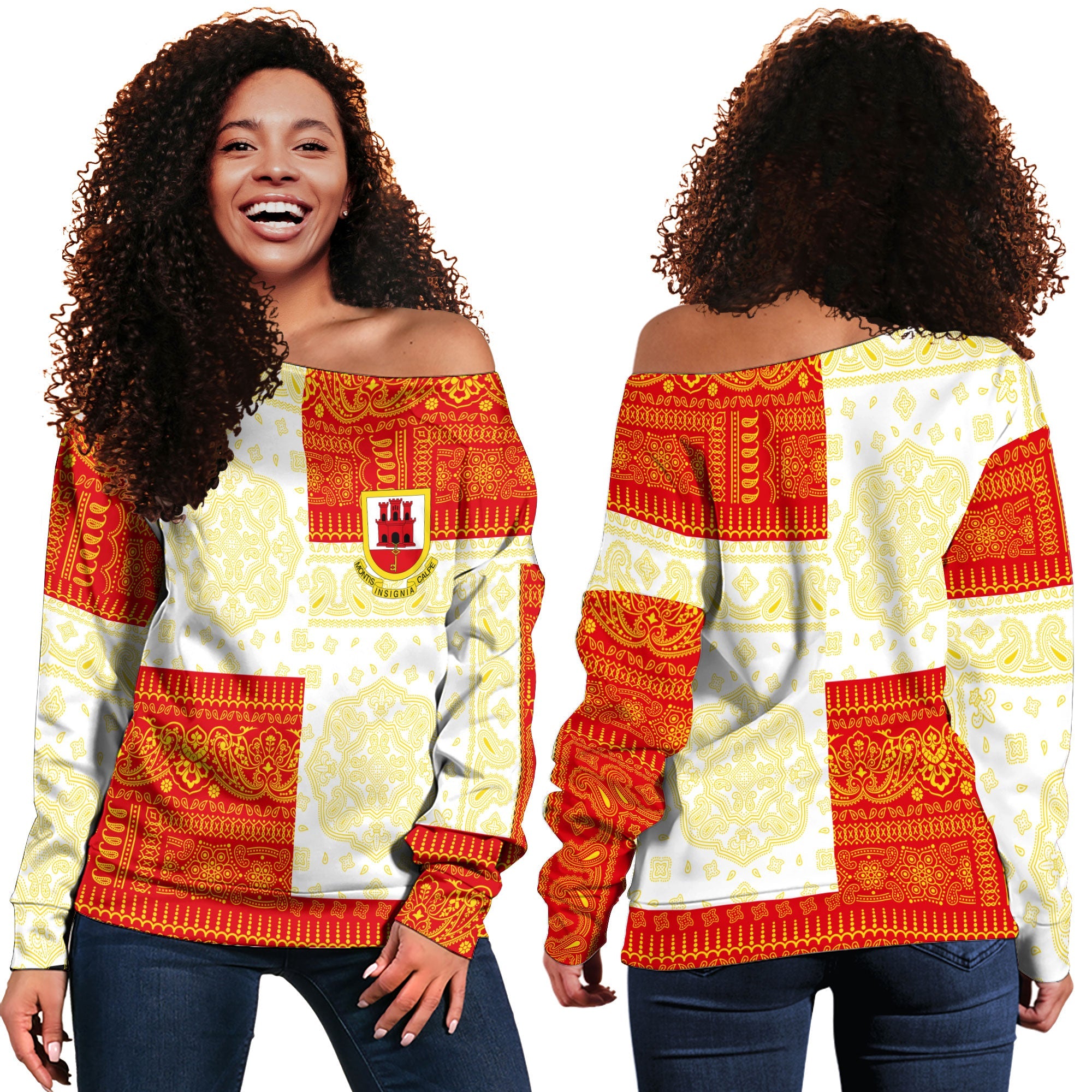 Gibraltar Women Off Shoulder Sweatshirt Flag And Paisley Basic Style 1