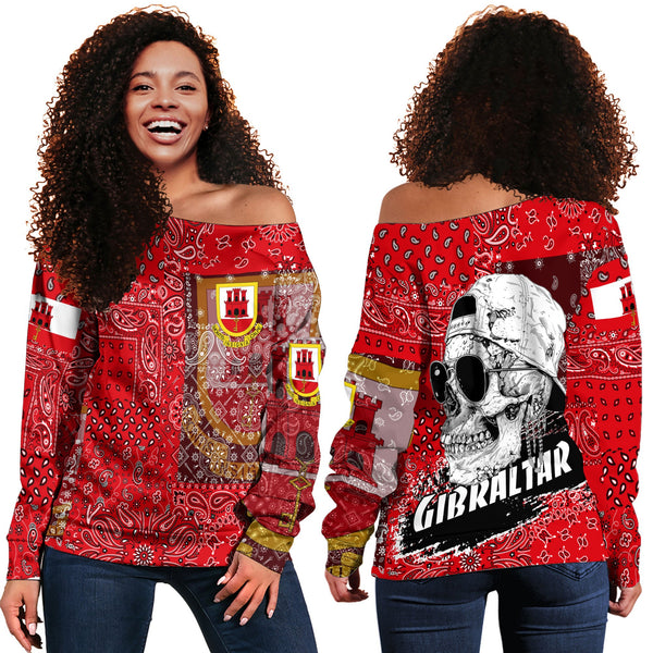 Gibraltar Women Off Shoulder Sweatshirt Paisley Flag And Skull Style 1