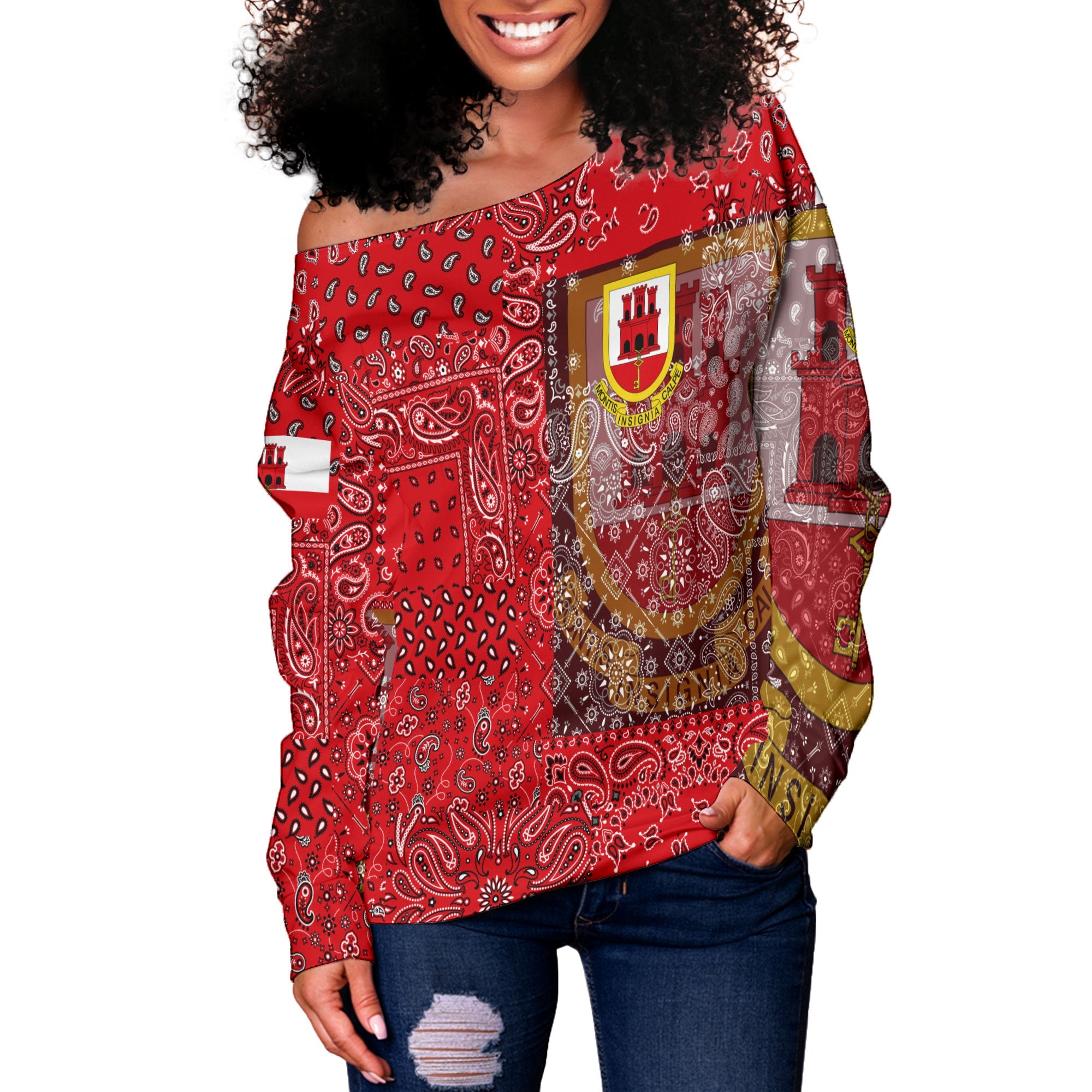 Gibraltar Women Off Shoulder Sweatshirt Paisley Flag And Skull Style 2