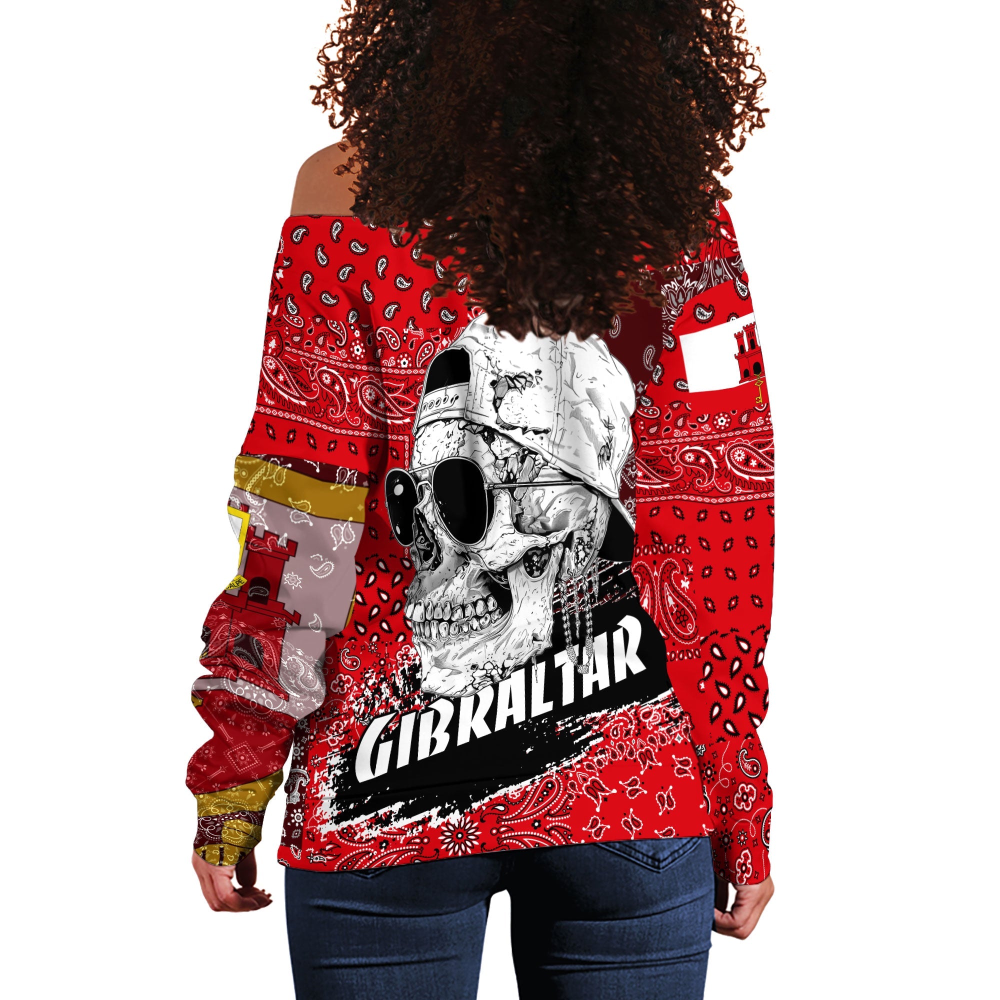 Gibraltar Women Off Shoulder Sweatshirt Paisley Flag And Skull Style 3