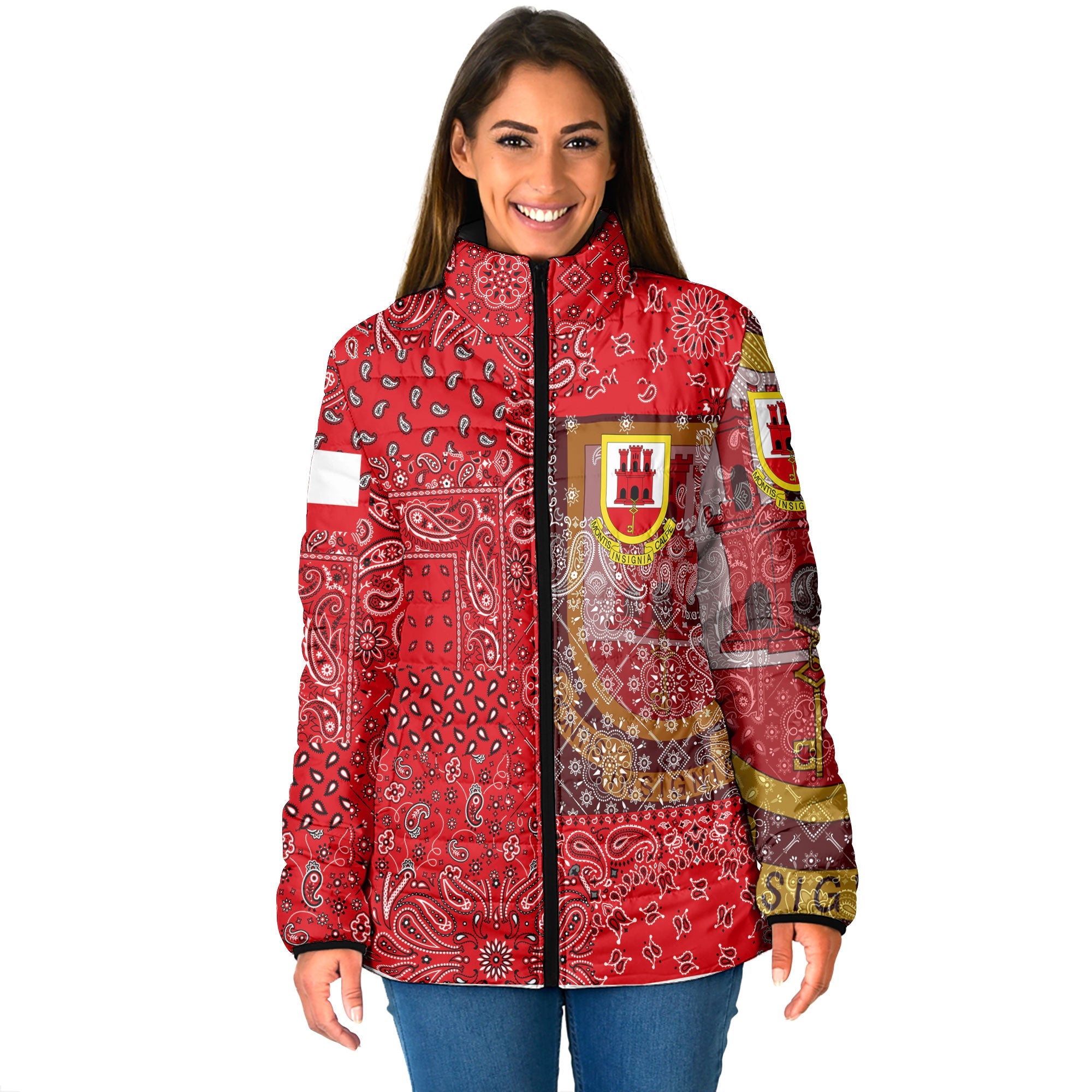 Gibraltar Women Padded Jacket Paisley Flag And Skull Style 1