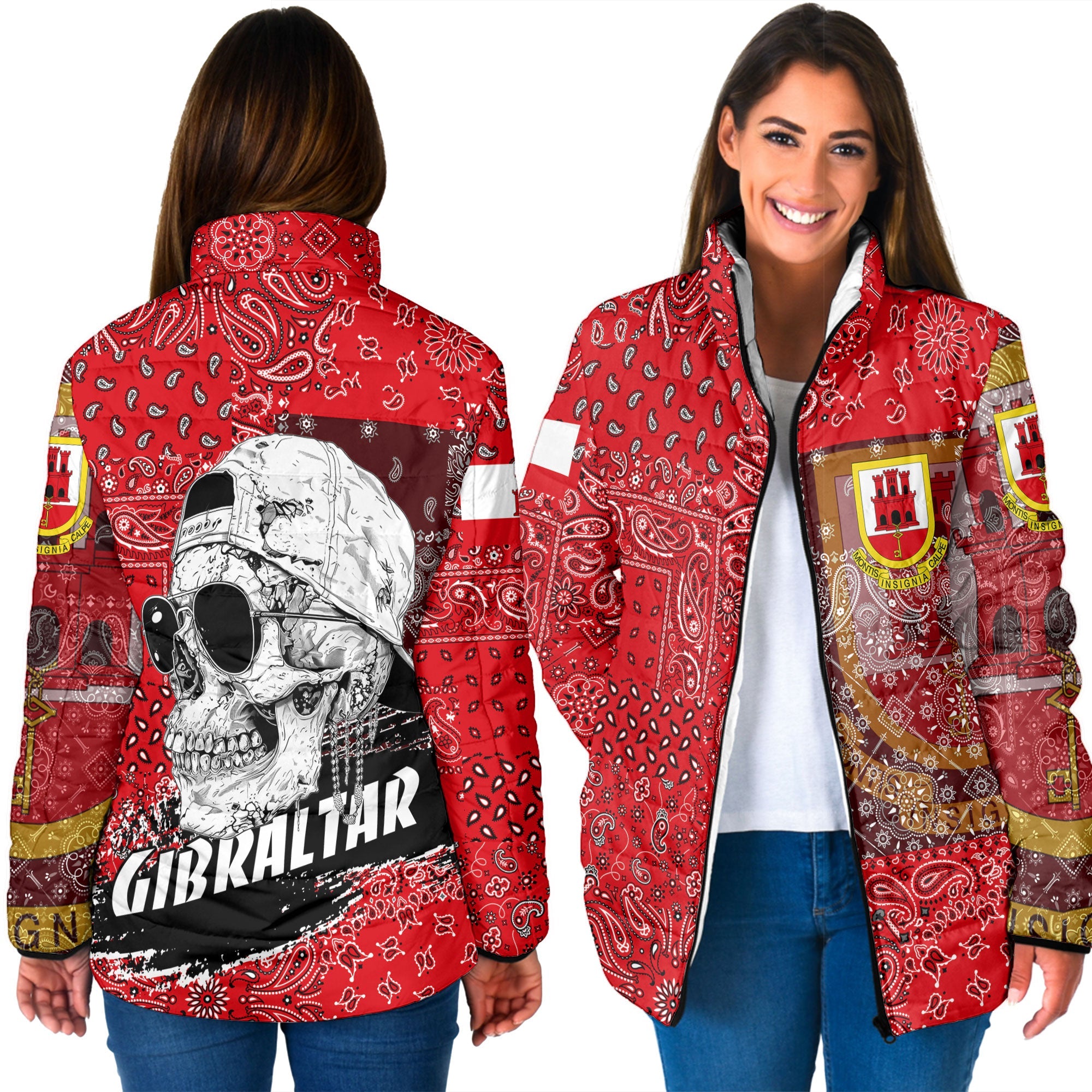 Gibraltar Women Padded Jacket Paisley Flag And Skull Style 3