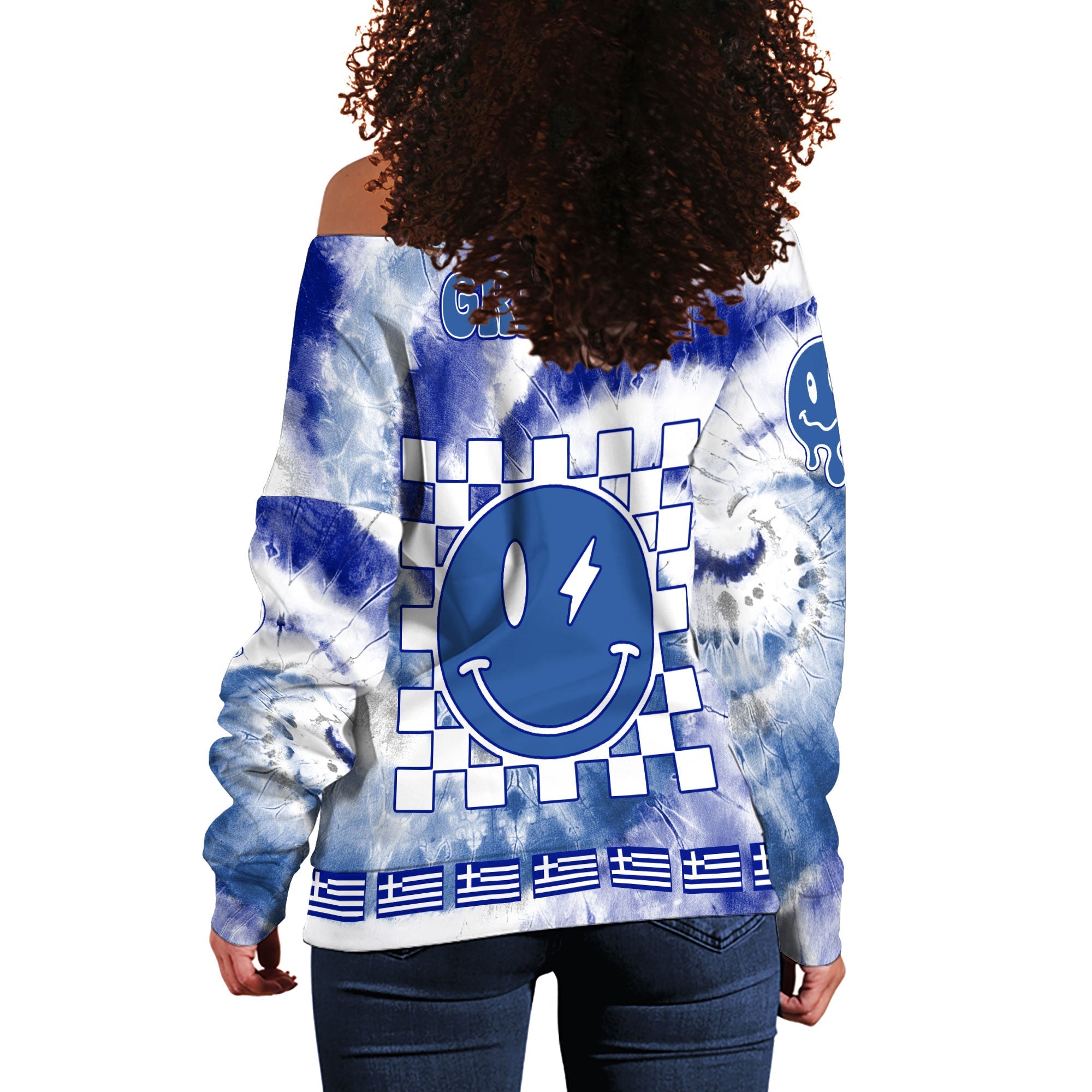 Greece Women Off Shoulder Sweatshirt Custom Tie Dye Style 1