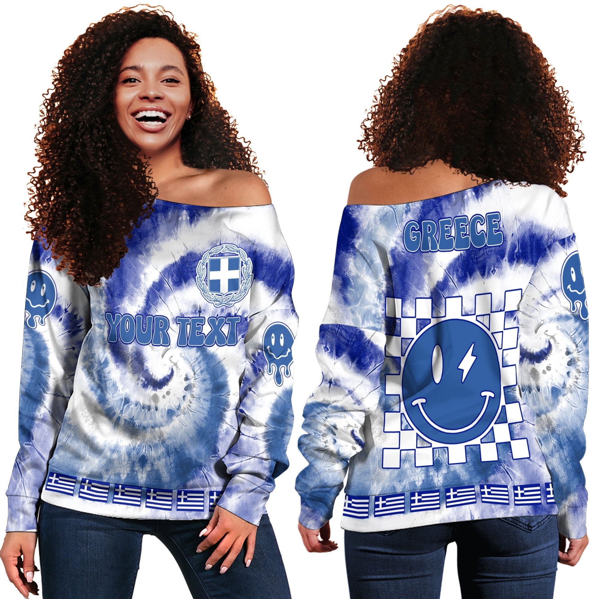 Greece Women Off Shoulder Sweatshirt Custom Tie Dye Style 2