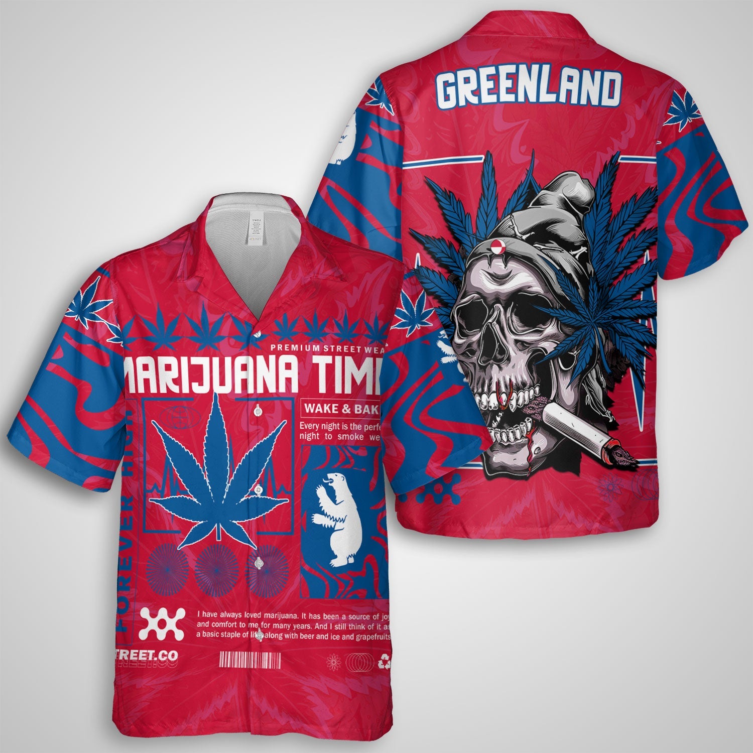 Greenland Hawaiian Shirt Flag & Coat Of Arms Marijuanas Style