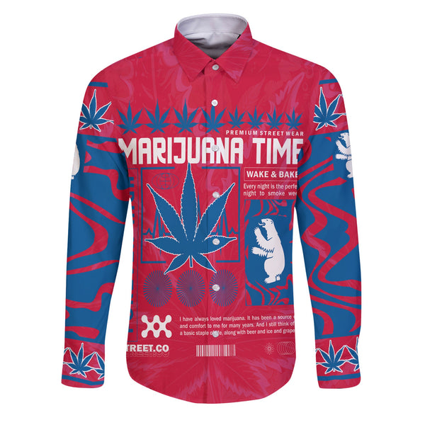 Greenland Long Sleeve Button Shirt Flag & Coat Of Arms Marijuanas Style