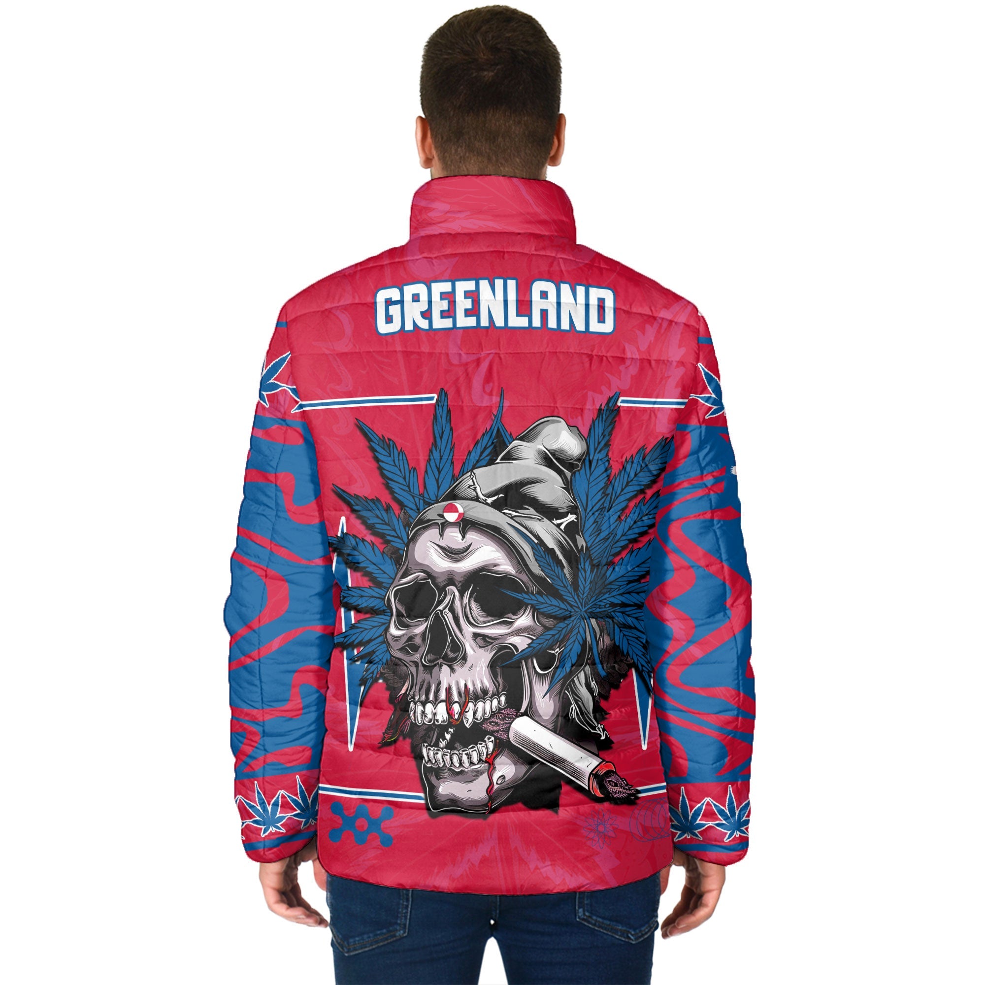 Greenland Men Padded Jacket Flag & Coat Of Arms Marijuanas Style