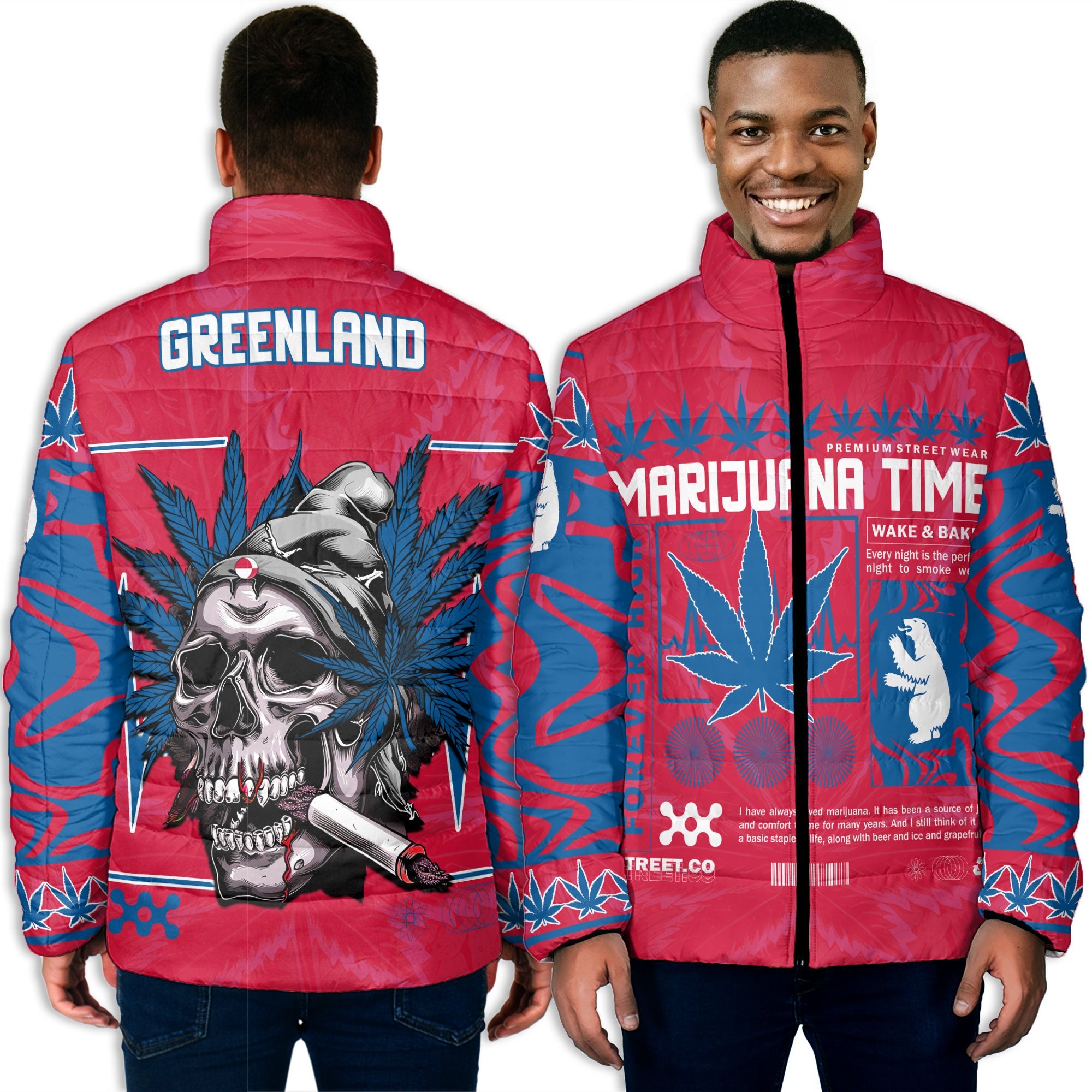 Greenland Men Padded Jacket Flag & Coat Of Arms Marijuanas Style