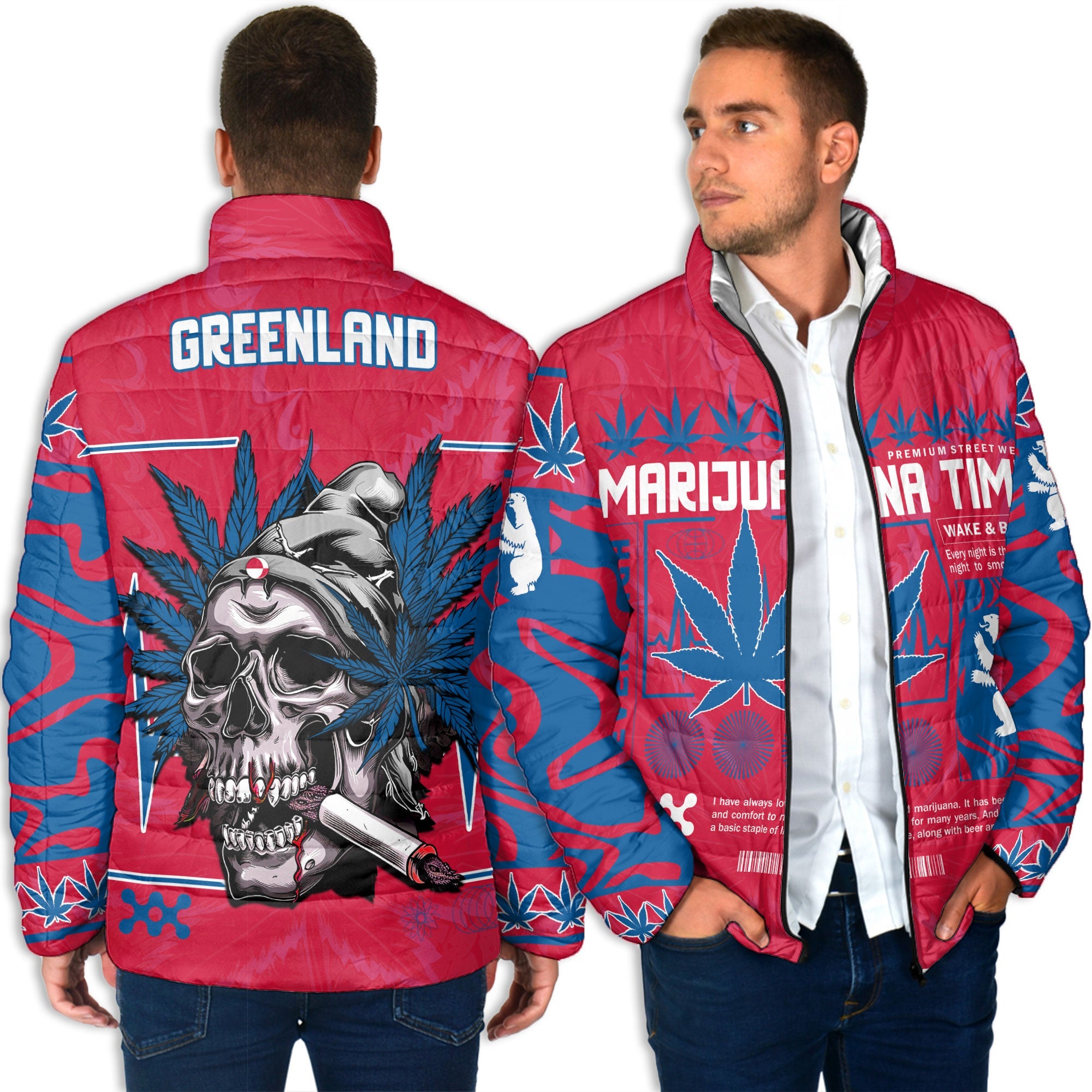 Greenland Men Padded Jacket Flag & Coat Of Arms Marijuanas Style