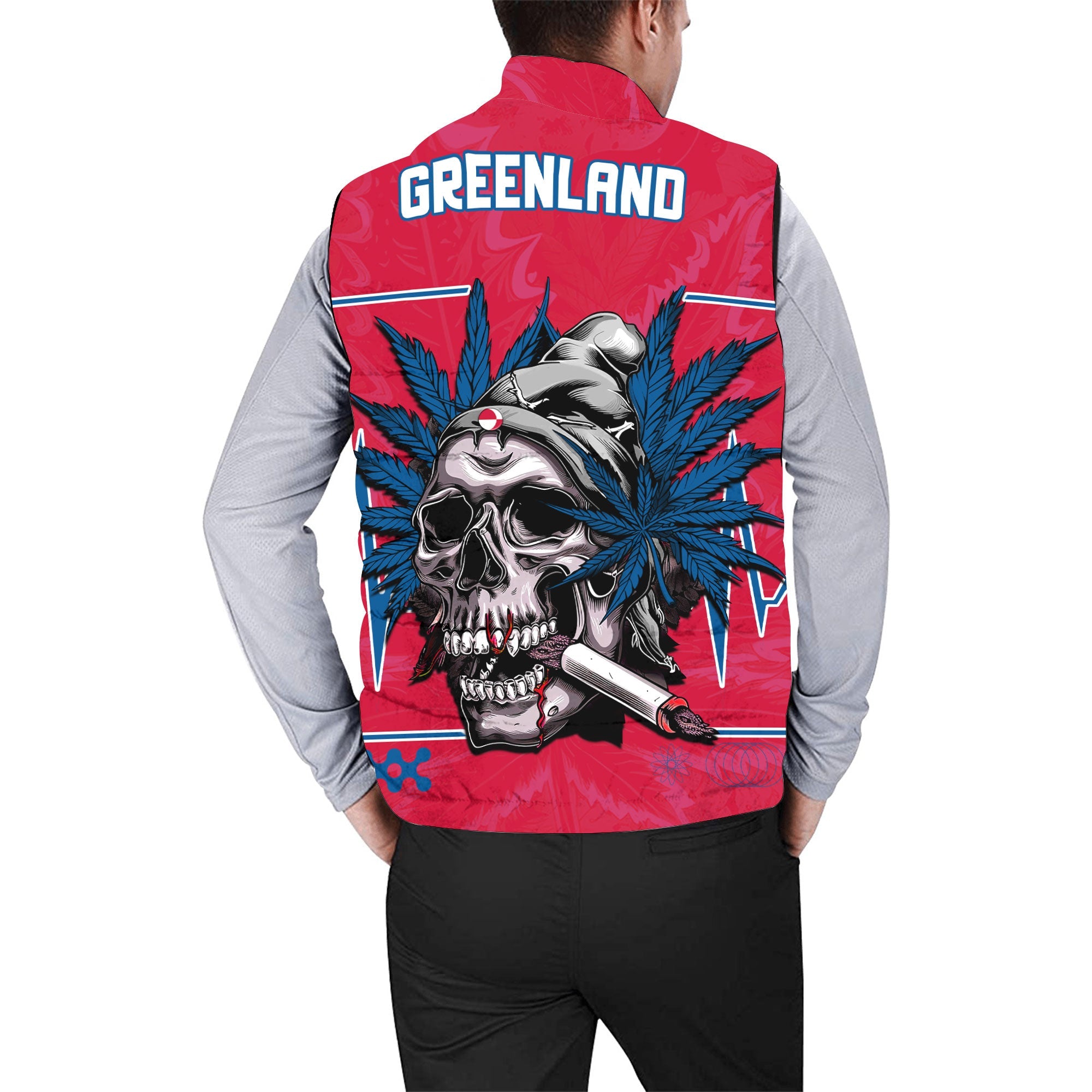 Greenland Men Padded Jacket Vest Flag & Coat Of Arms Marijuanas Style