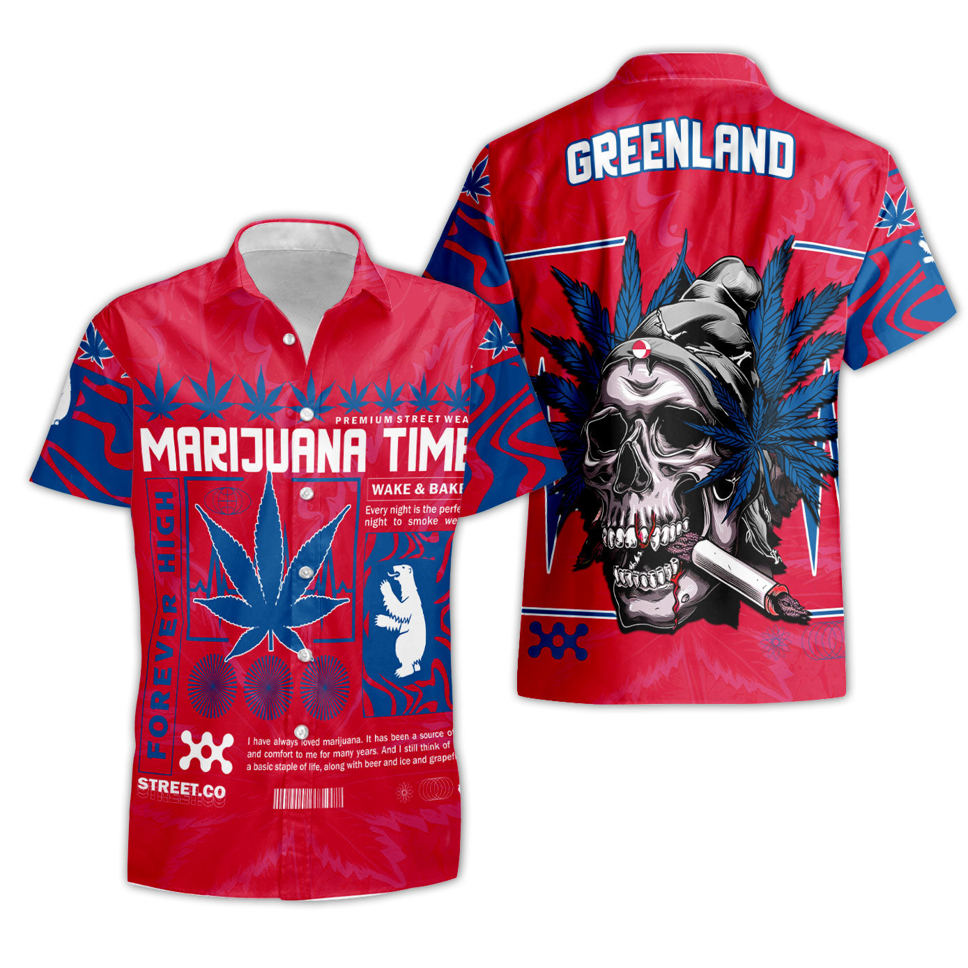 Greenland Short Sleeve Shirt Flag & Coat Of Arms Marijuanas Style